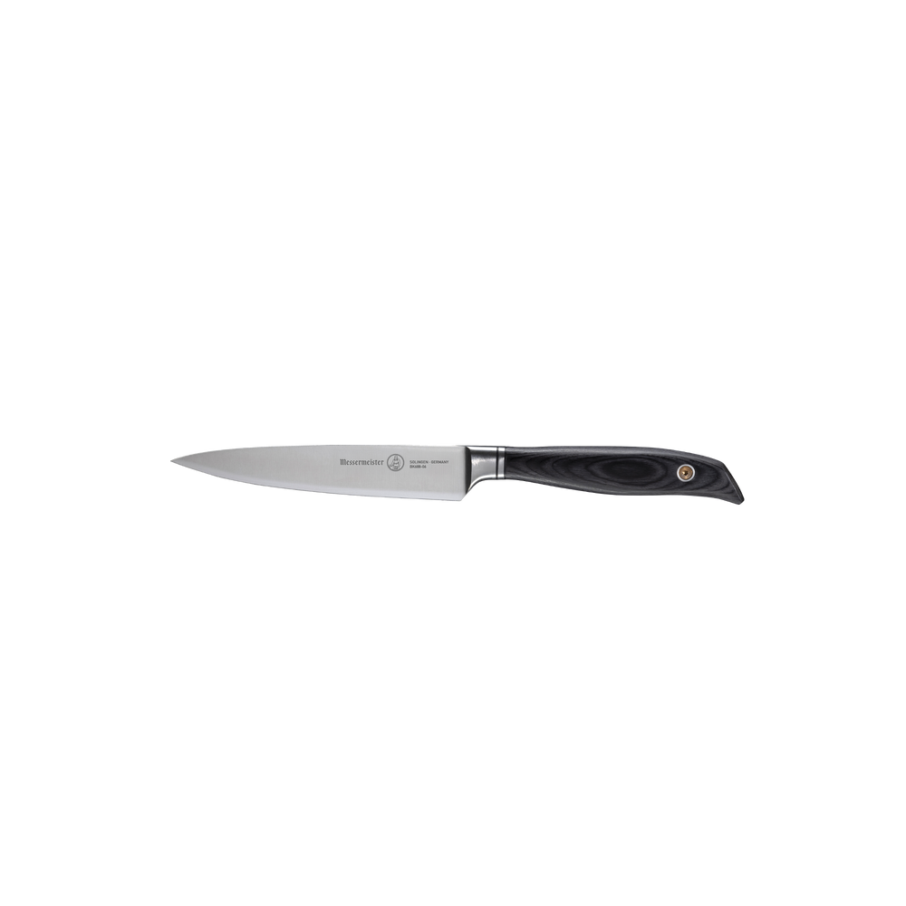 Side view of the full Messermeister Blacksmith 6-Inch Utility Knife, showing the hammered high-carbon stainless steel blade from tip to heel and the ebony pakkawood handle with ergonomic contouring and polished rivets for balanced, professional kitchen performance