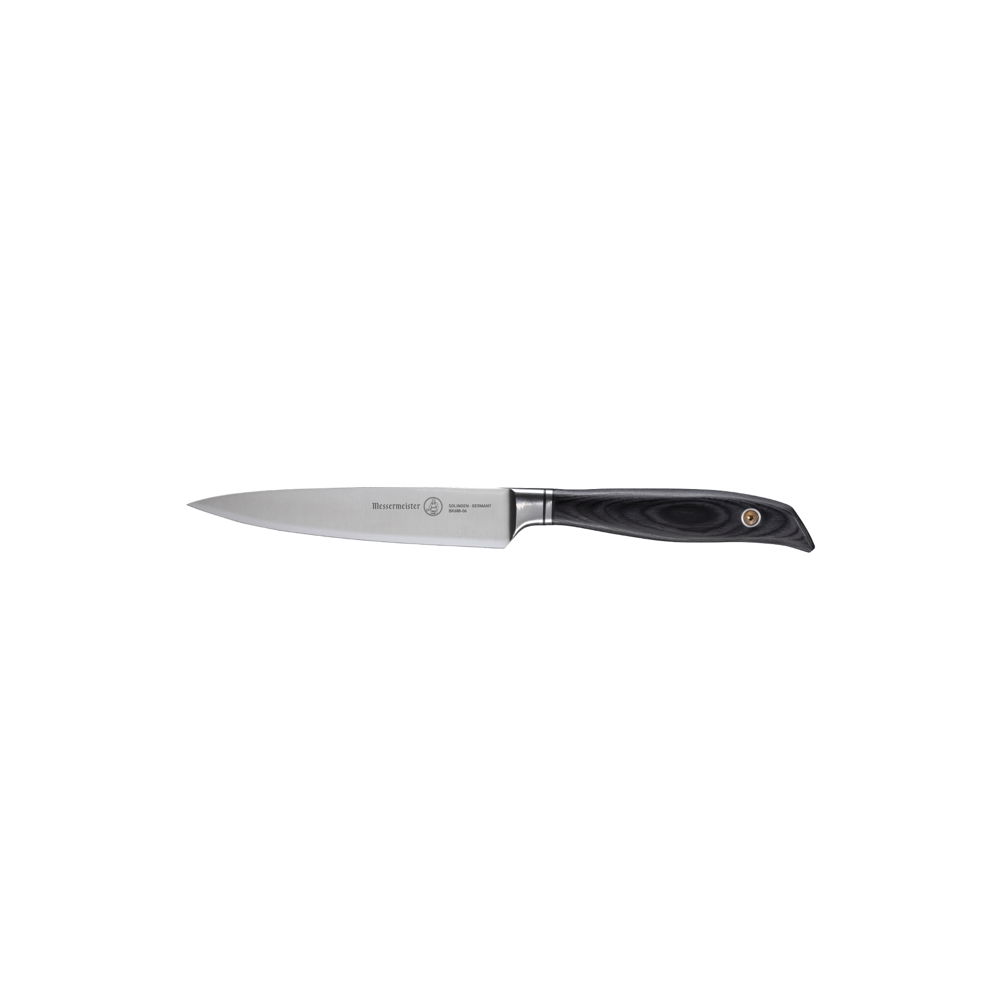 Side view of the full Messermeister Blacksmith 6-Inch Utility Knife, showing the hammered high-carbon stainless steel blade from tip to heel and the ebony pakkawood handle with ergonomic contouring and polished rivets for balanced, professional kitchen performance
