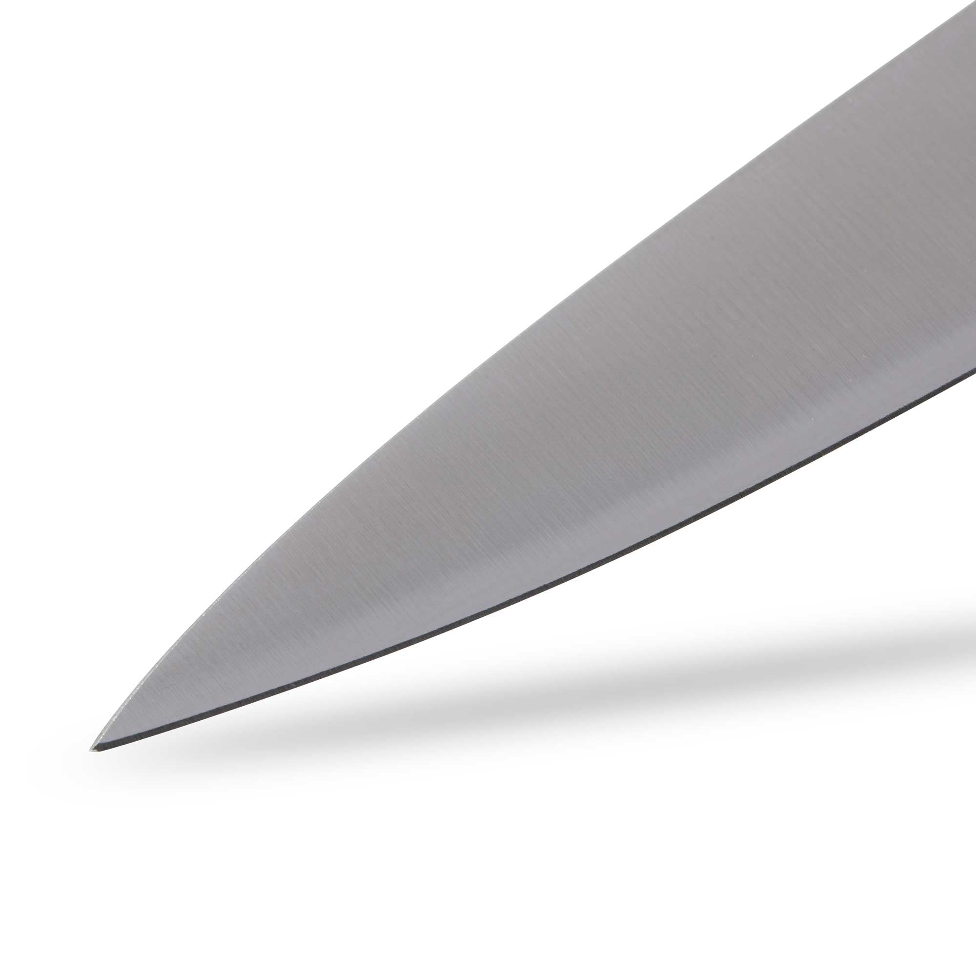 Close-up of the Messermeister Blacksmith 6-Inch Utility Knife tip, showcasing the sharp, tapered point of the hammered high-carbon stainless steel blade designed for precise cutting, scoring, and detailed kitchen prep work