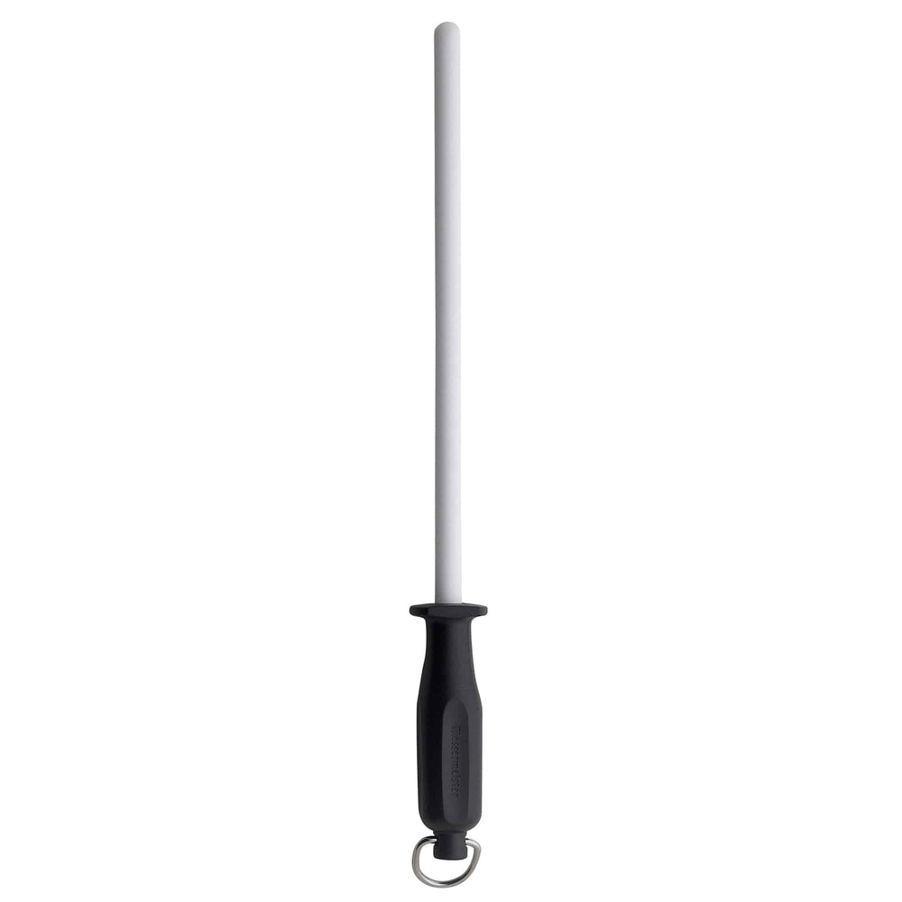 Messermeister 12 inch 1200 Grit Ceramic Sharpening Rod with black handle and D ring pointing up on a white background