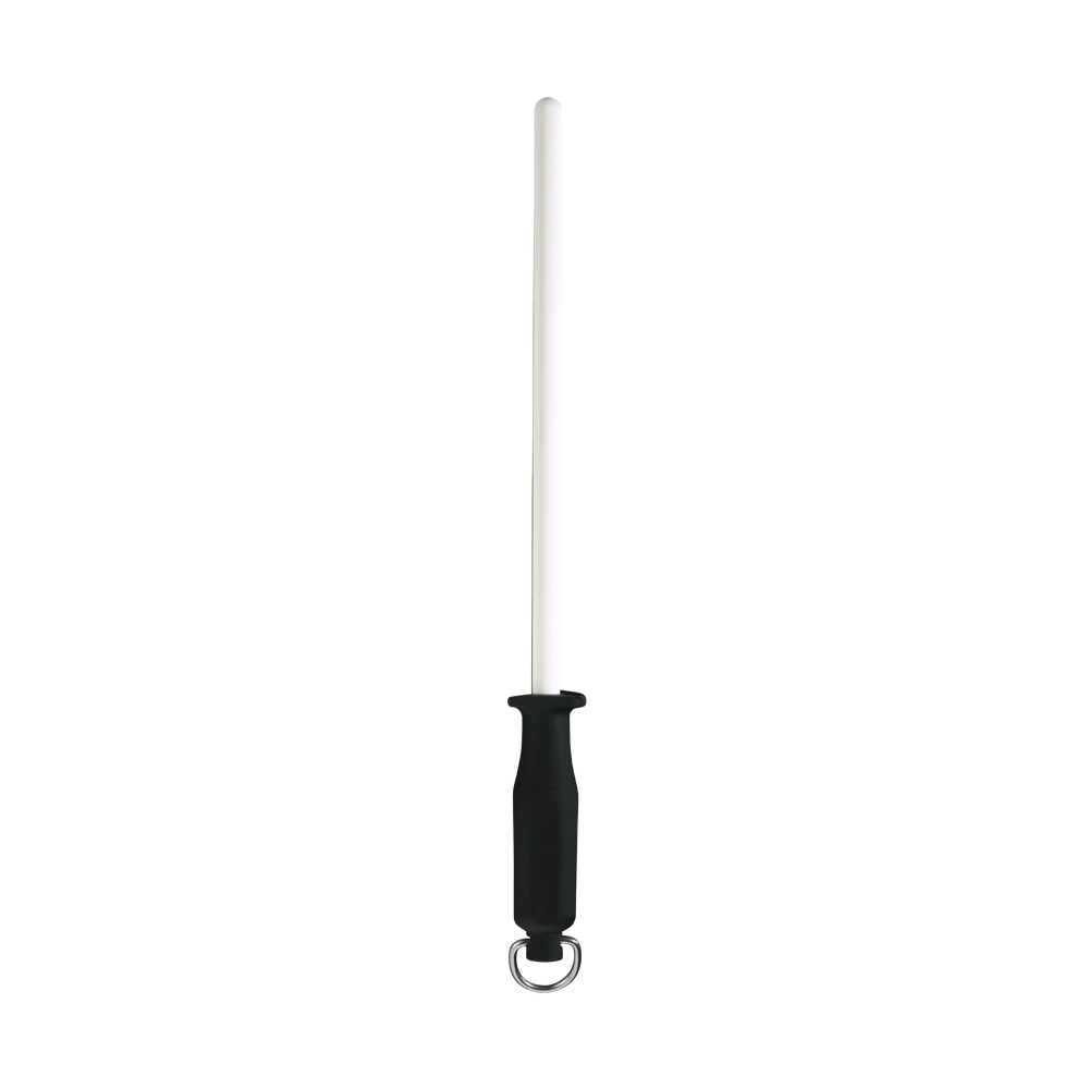 Messermeister 12 inch 1200 Grit Ceramic Sharpening Rod with black handle and D ring pointing up. Ceramic rod is white and rounded at tip.