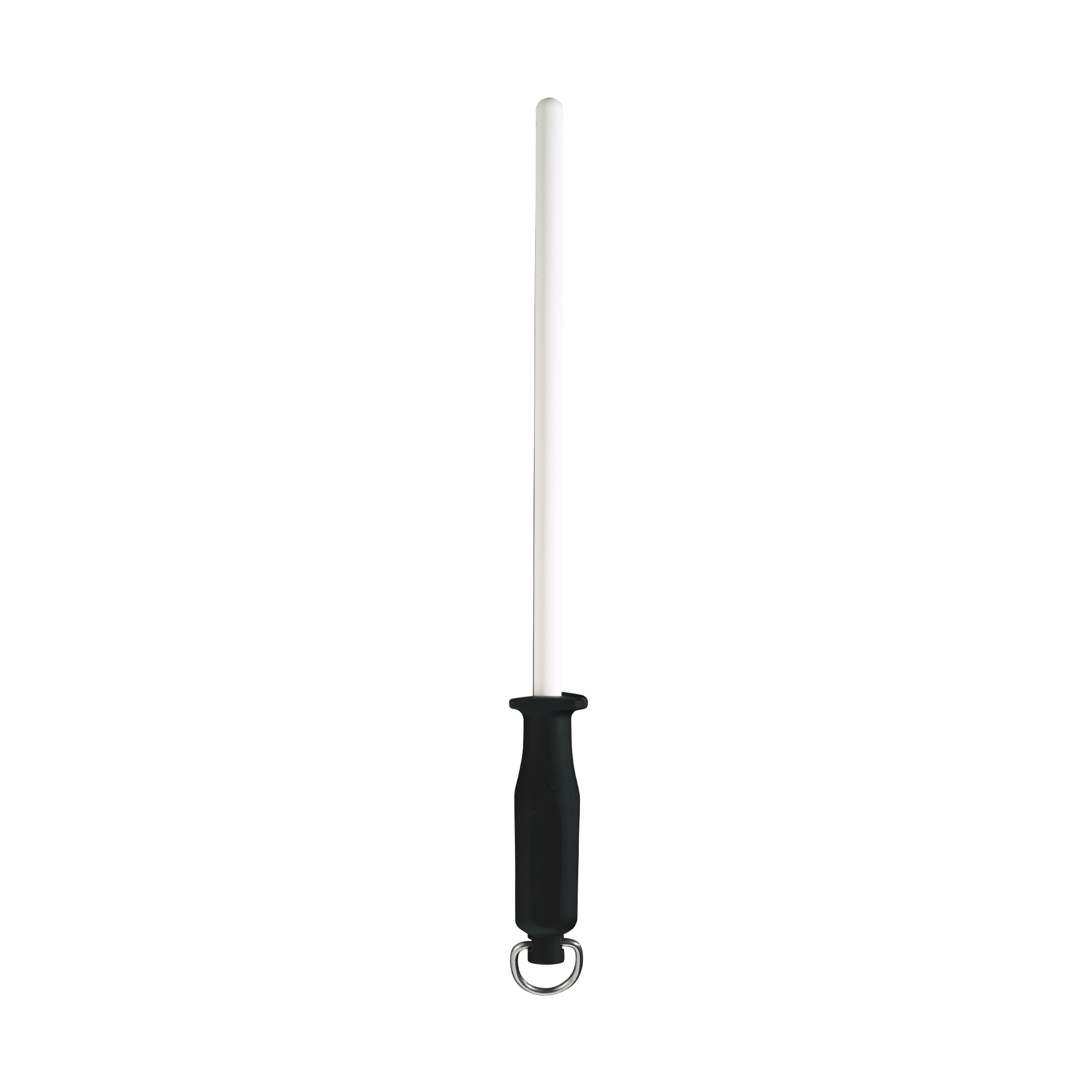 Messermeister 12 inch 1200 Grit Ceramic Sharpening Rod with black handle and D ring pointing up. Ceramic rod is white and rounded at tip.