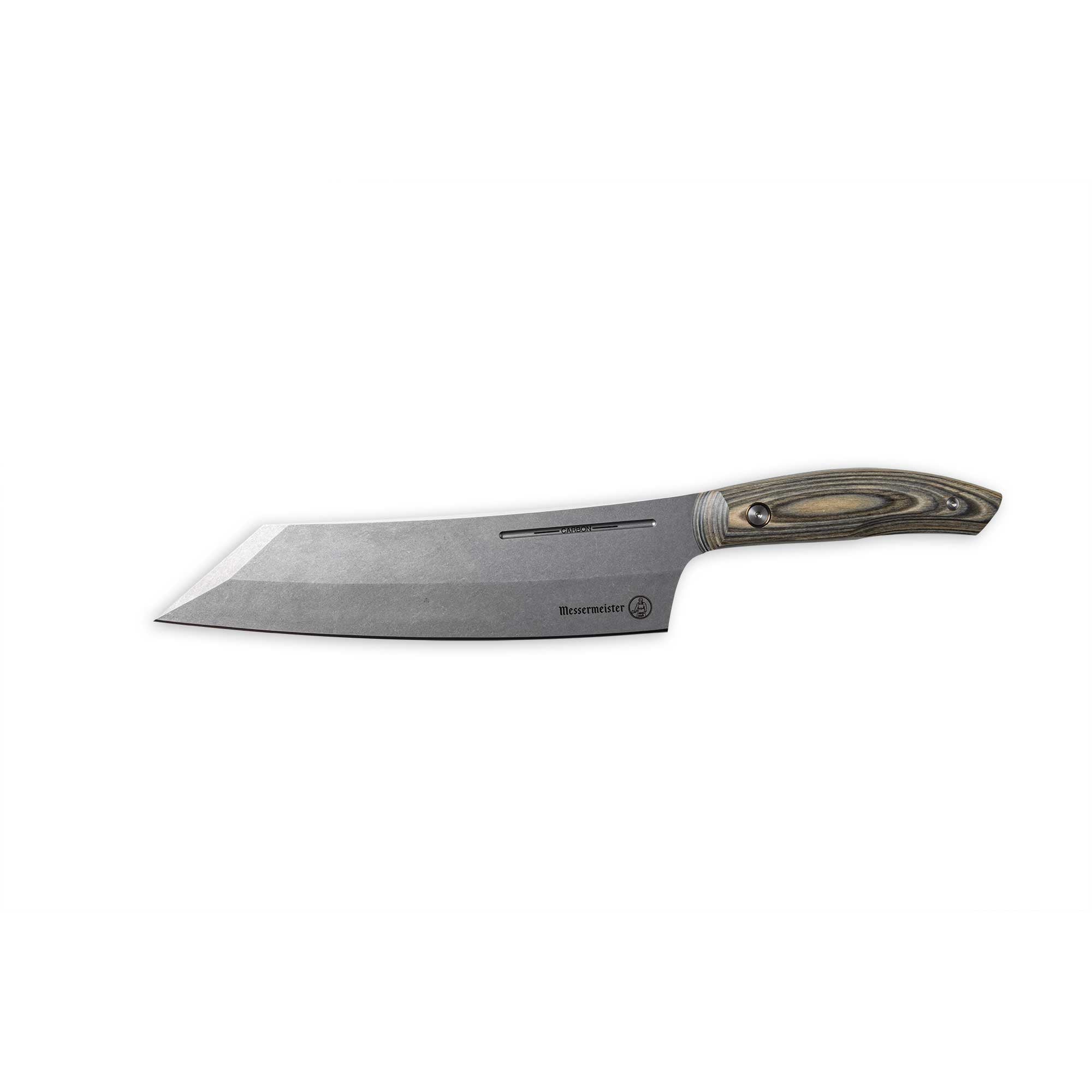 Messermeister 8 inch Carbon Bunka Chef's Knife with Spanish hardwood handle that is stabilized with natural resins