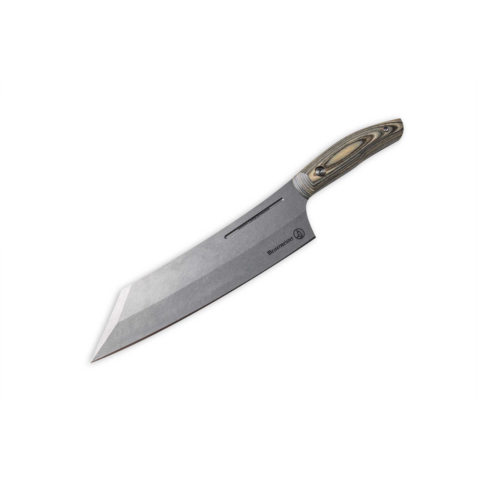 Messermeister 8 inch Carbon Bunka Chef's Knife with Spanish hardwood handle that is stabilized with natural resins
