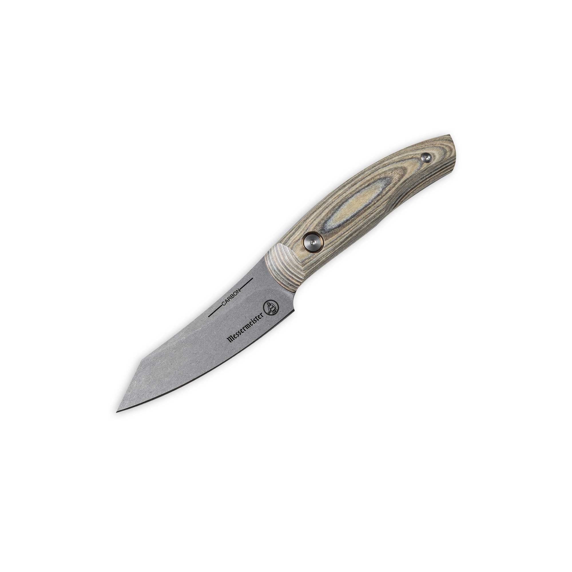 Messermeister 3.5 inch Carbon  Paring Knife with a Spanish hardwood handle that is stabilized with natural resins