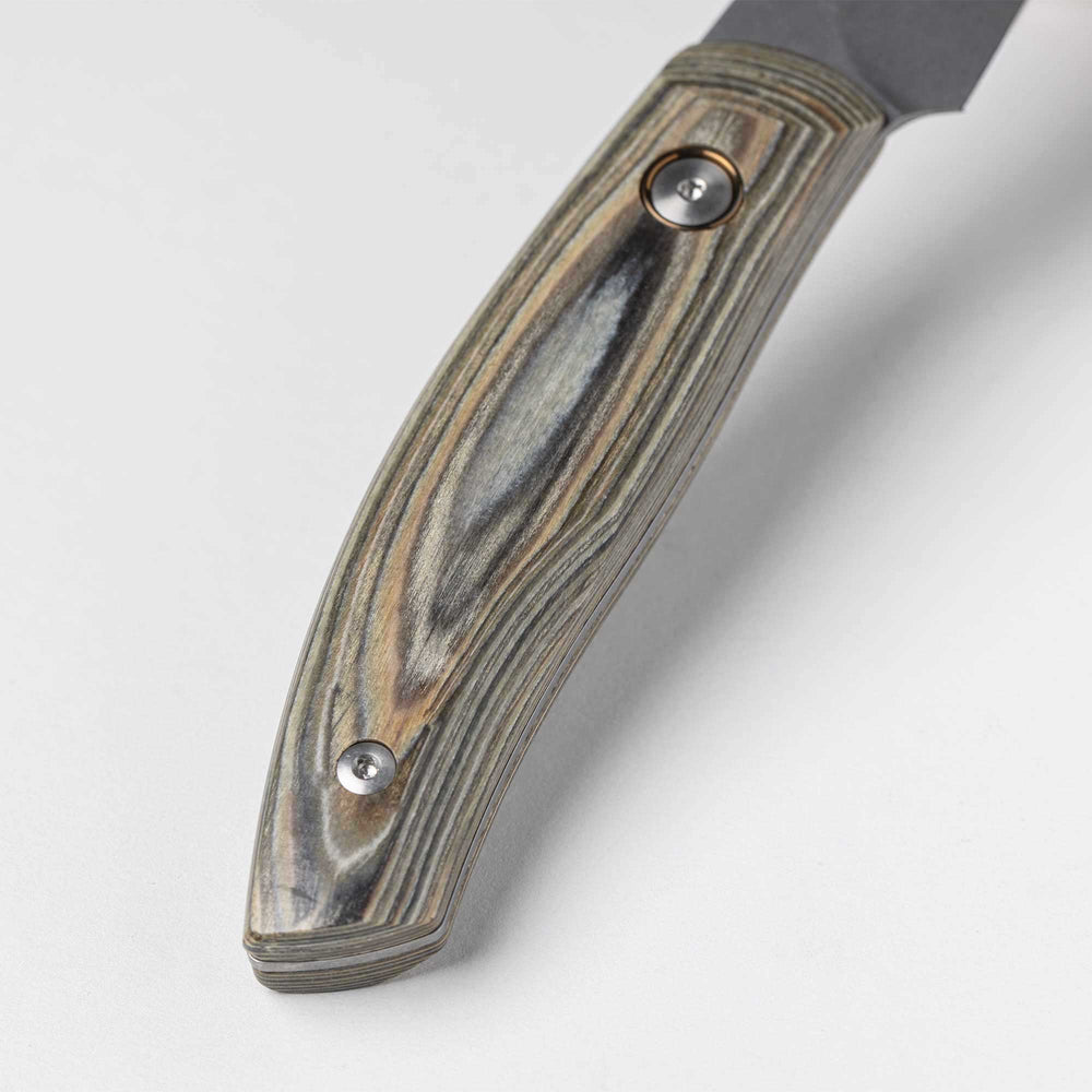 A close up view of the Spanish hardwood handle that has 2 rivets and is stabilized with natural resins on the 3.5 inch Carbon Paring Knife 