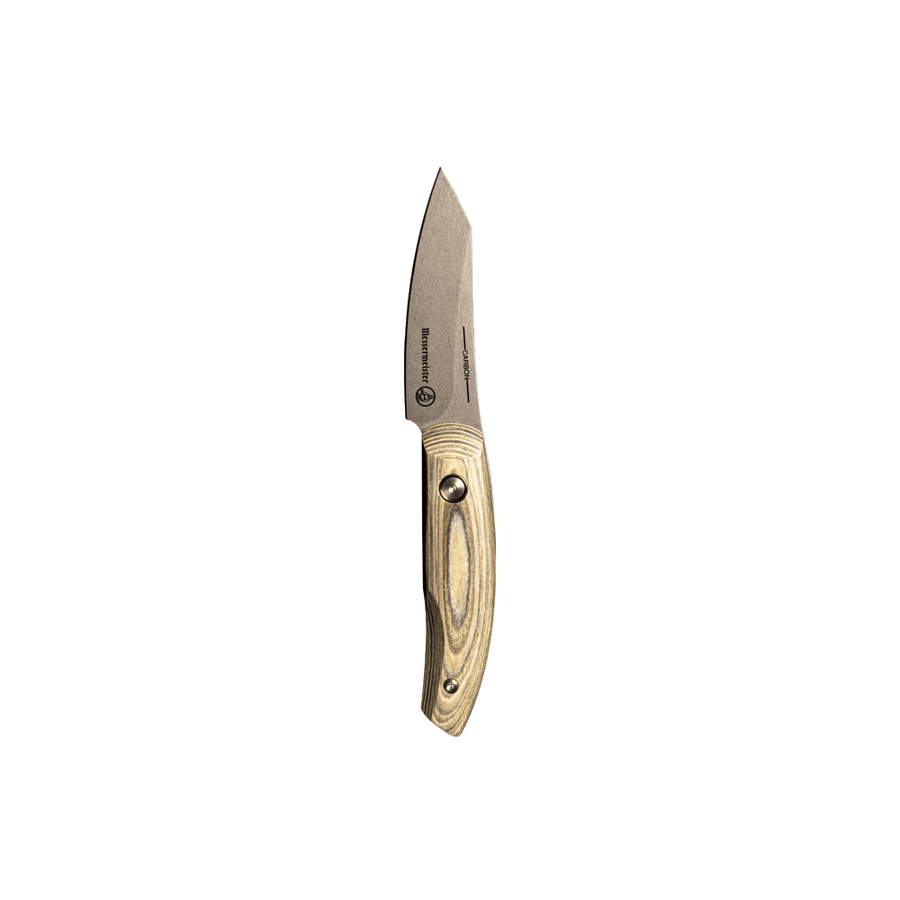 Messermeister 3.5 inch Carbon  Paring Knife with a Spanish hardwood handle that has 2 rivets and is stabilized with natural resins