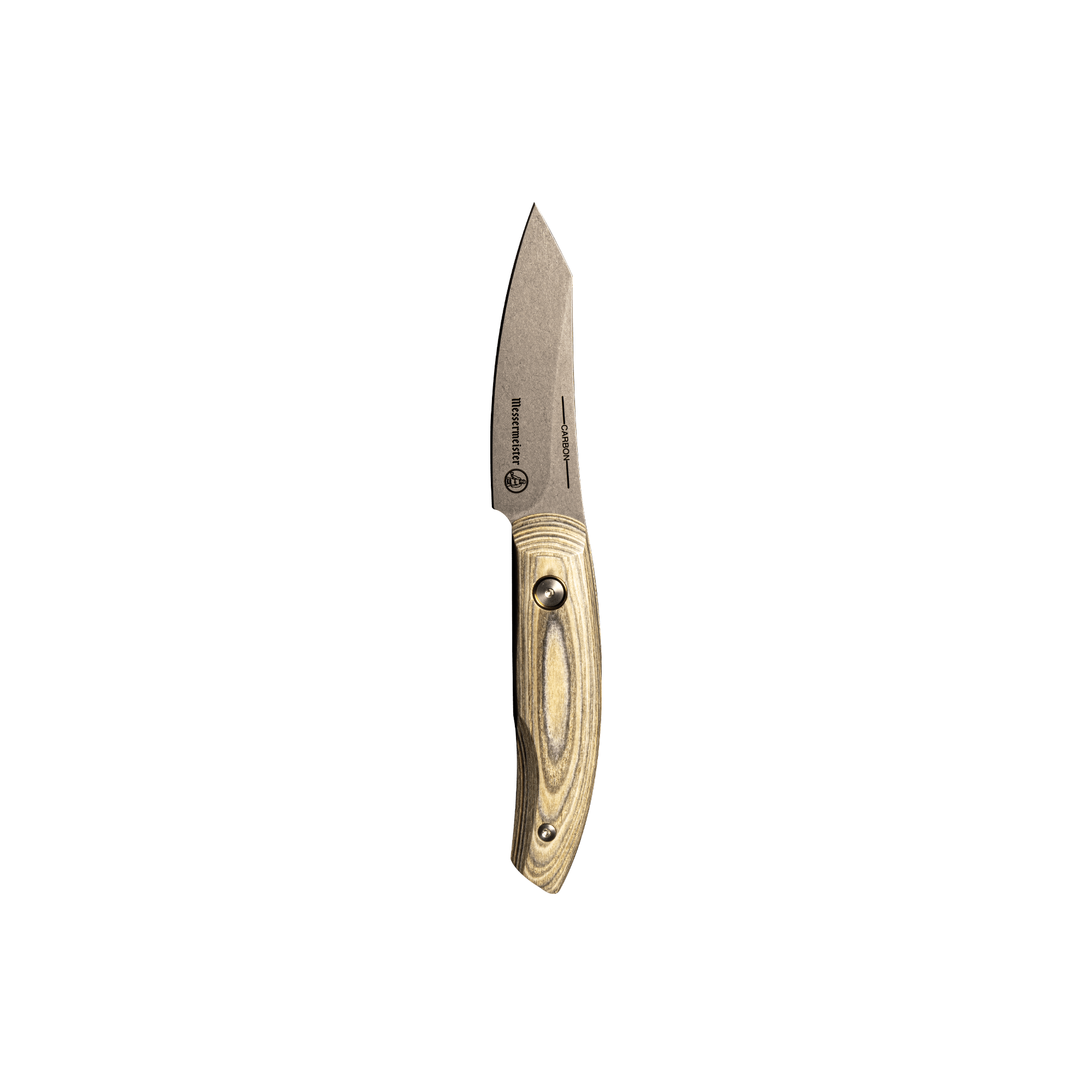 Messermeister 3.5 inch Carbon  Paring Knife with a Spanish hardwood handle that has 2 rivets and is stabilized with natural resins