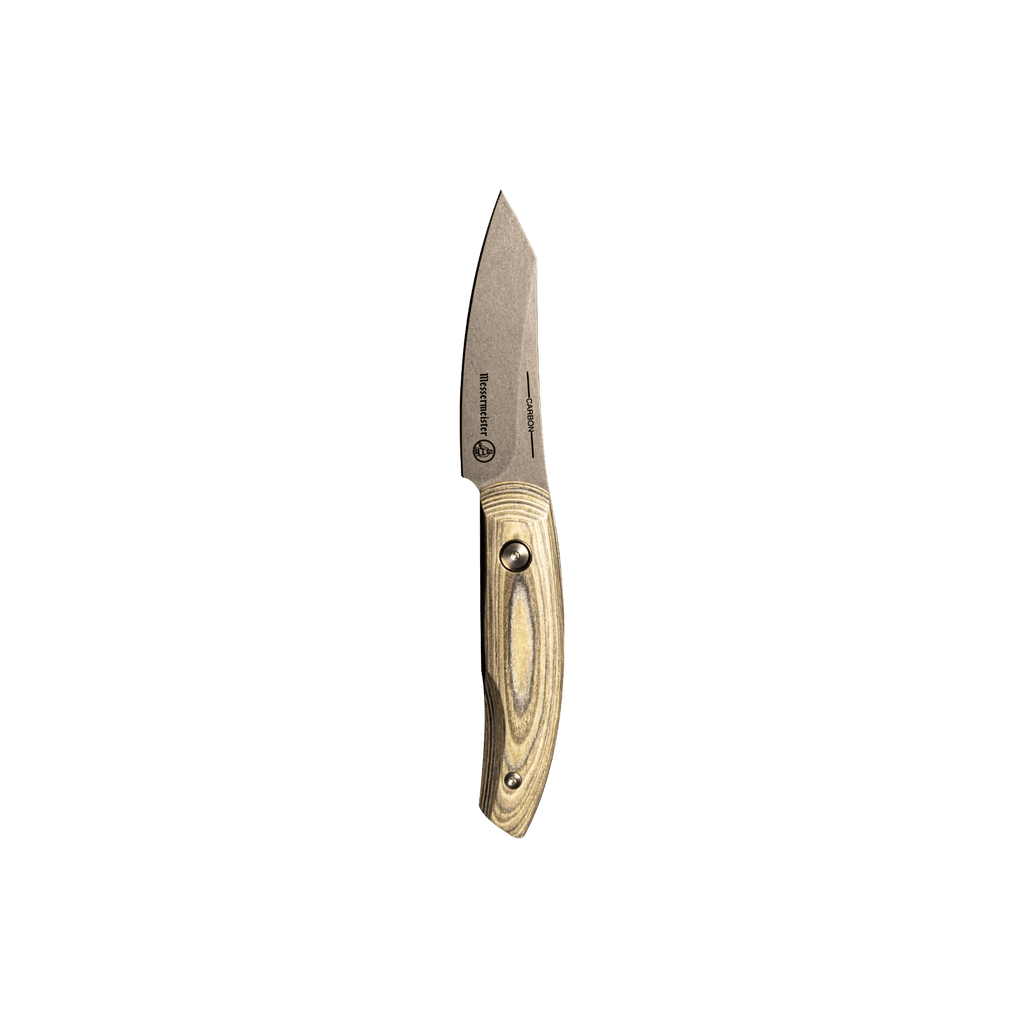 Messermeister 3.5 inch Carbon  Paring Knife with a Spanish hardwood handle that has 2 rivets and is stabilized with natural resins
