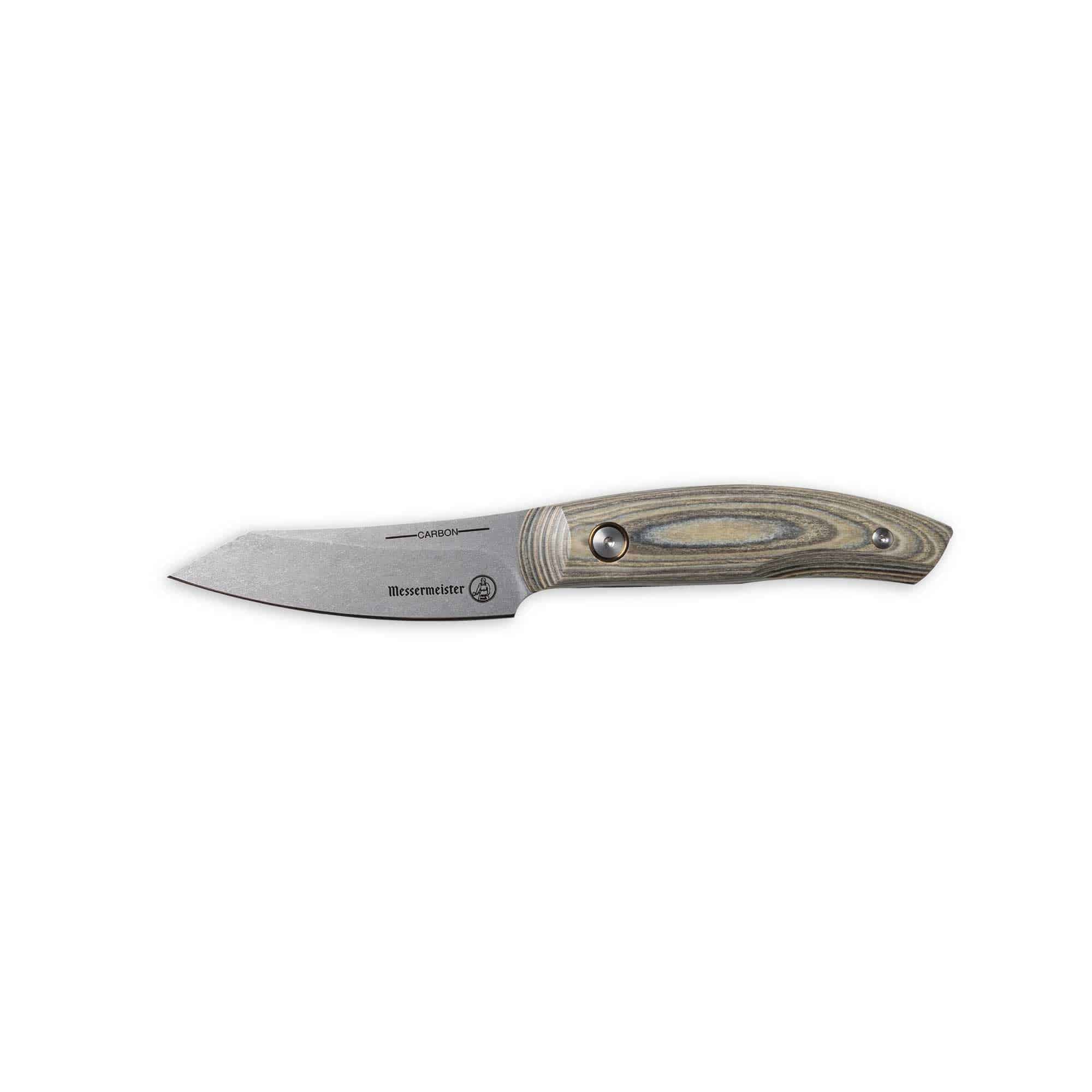 Messermeister 3.5 inch Carbon  Paring Knife with a Spanish hardwood handle that has 2 rivets and is stabilized with natural resins