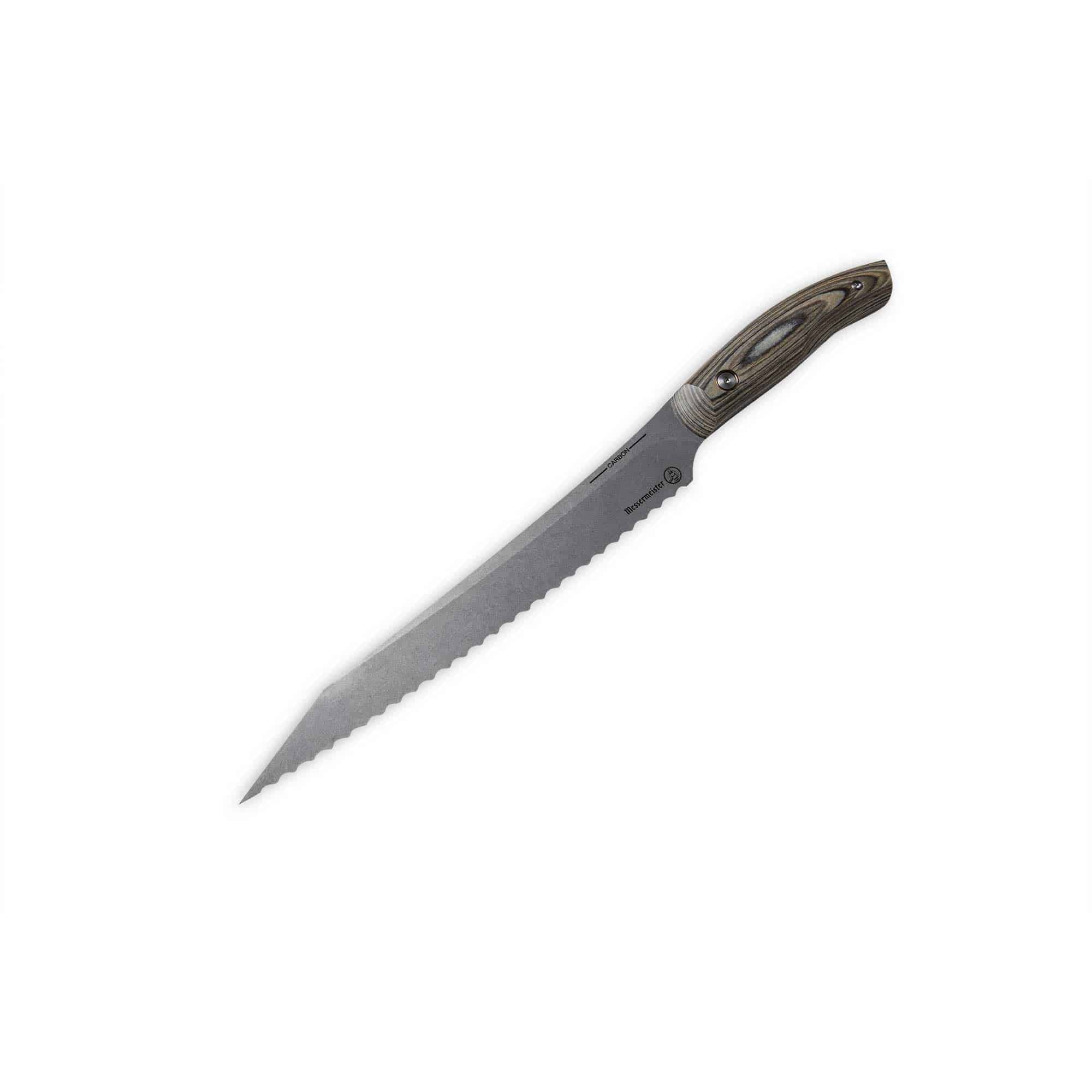 Angled view of the Messermeister 9 inch Carbon Bread Knife with serration and a Spanish hardwood handle with 2 rivets that is stabilized with natural resins