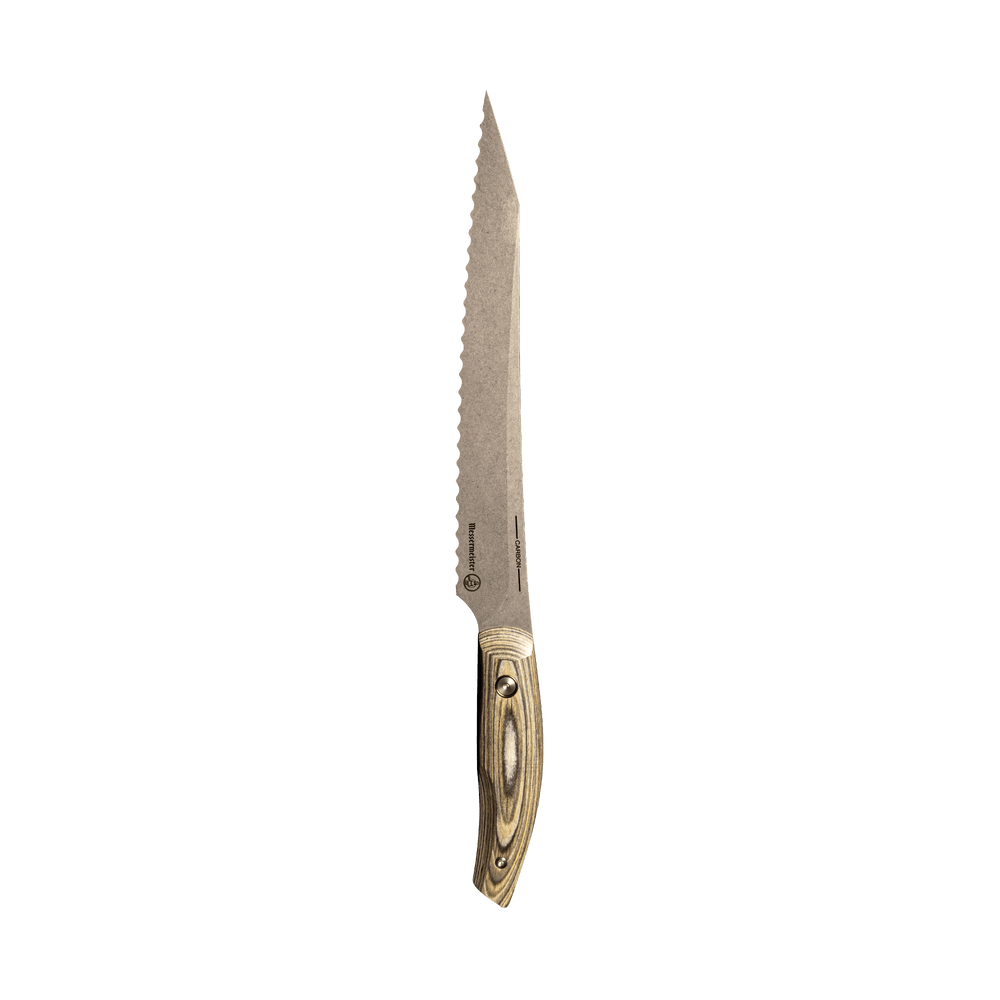 Messermeister 9 inch Carbon Bread Knife with serration and a Spanish hardwood handle with 2 rivets that is stabilized with natural resins