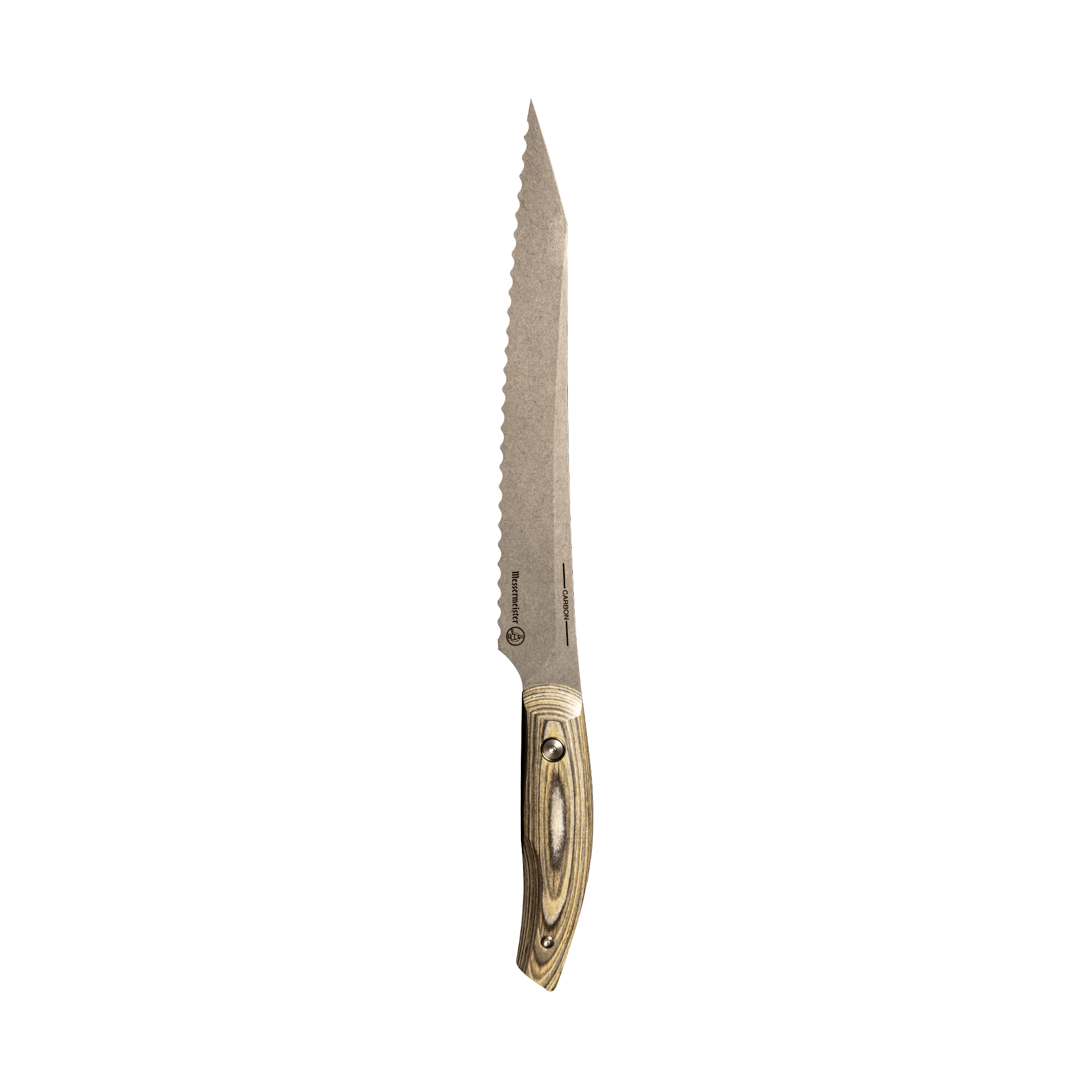 Messermeister 9 inch Carbon Bread Knife with serration and a Spanish hardwood handle with 2 rivets that is stabilized with natural resins