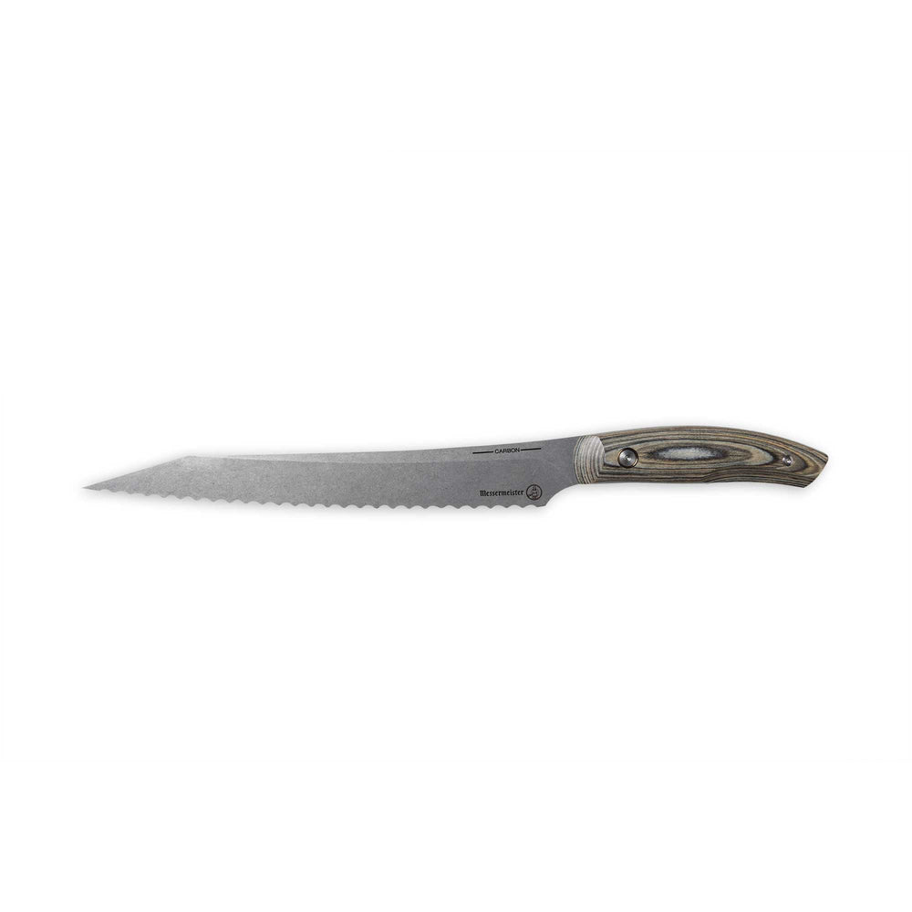 Messermeister 9 inch Carbon Bread Knife with serration and a Spanish hardwood handle with 2 rivets that is stabilized with natural resins
