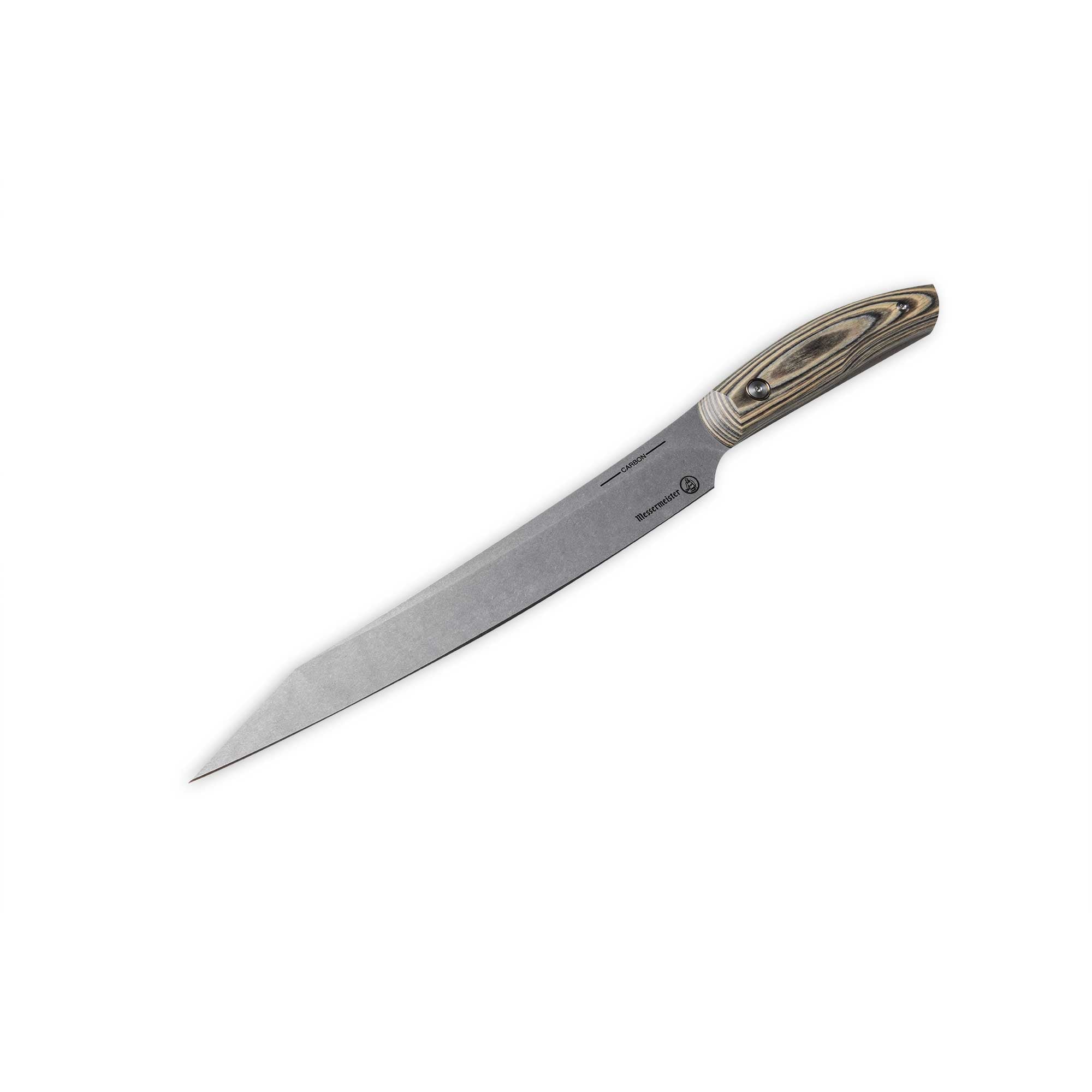 Messermeister 9 inch Carbon Slicing Knife with a Spanish hardwood handle that has 2 rivets and is stabilized with natural resins