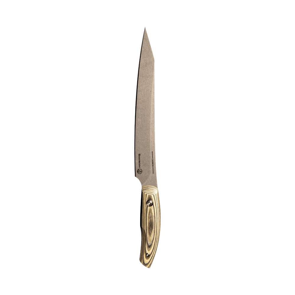 Messermeister 9 inch Carbon Slicing Knife with a Spanish hardwood handle that has 2 rivets and is stabilized with natural resins