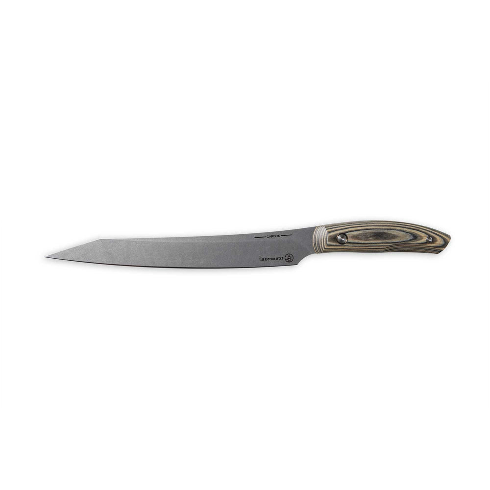 Messermeister 9 inch Carbon Slicing Knife with a Spanish hardwood handle that has 2 rivets and is stabilized with natural resins