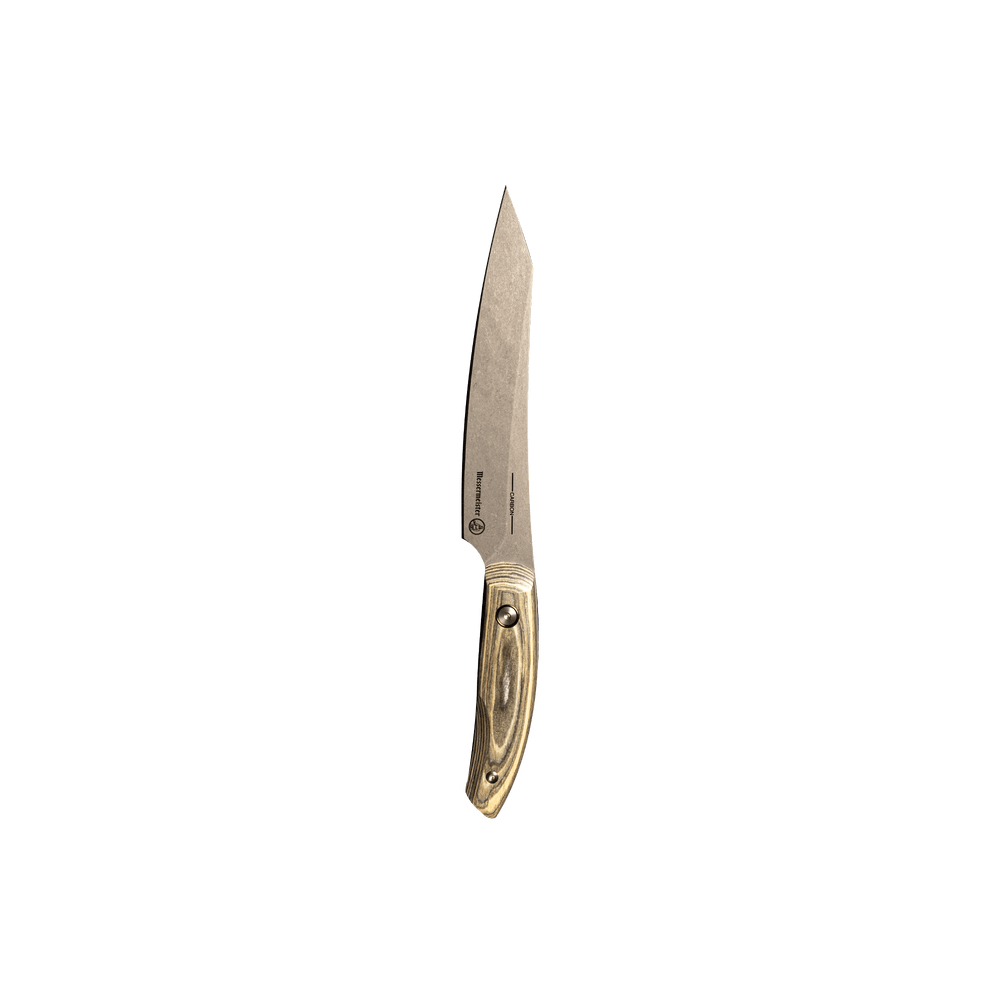 Messermeister 6 inch Carbon Utility Knife with a Spanish hardwood handle  with 2 rivets that is stabilized with natural resin