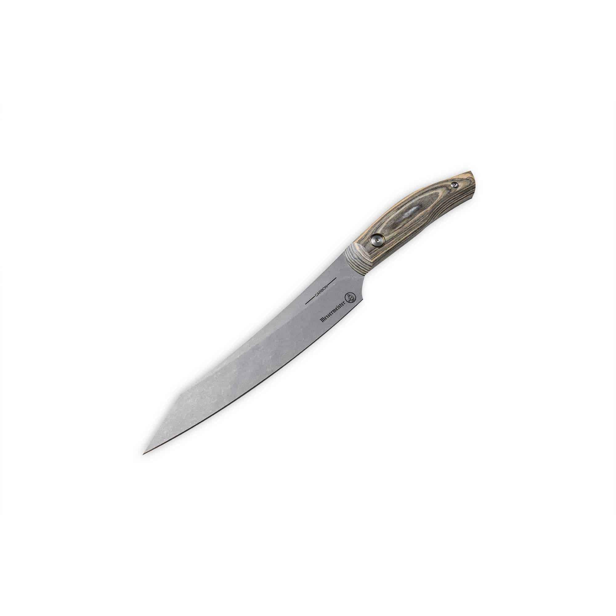 An angled view of the 6 inch Carbon Utility Knife with a Spanish hardwood handle with 2 rivets that is stabilized with natural resin
