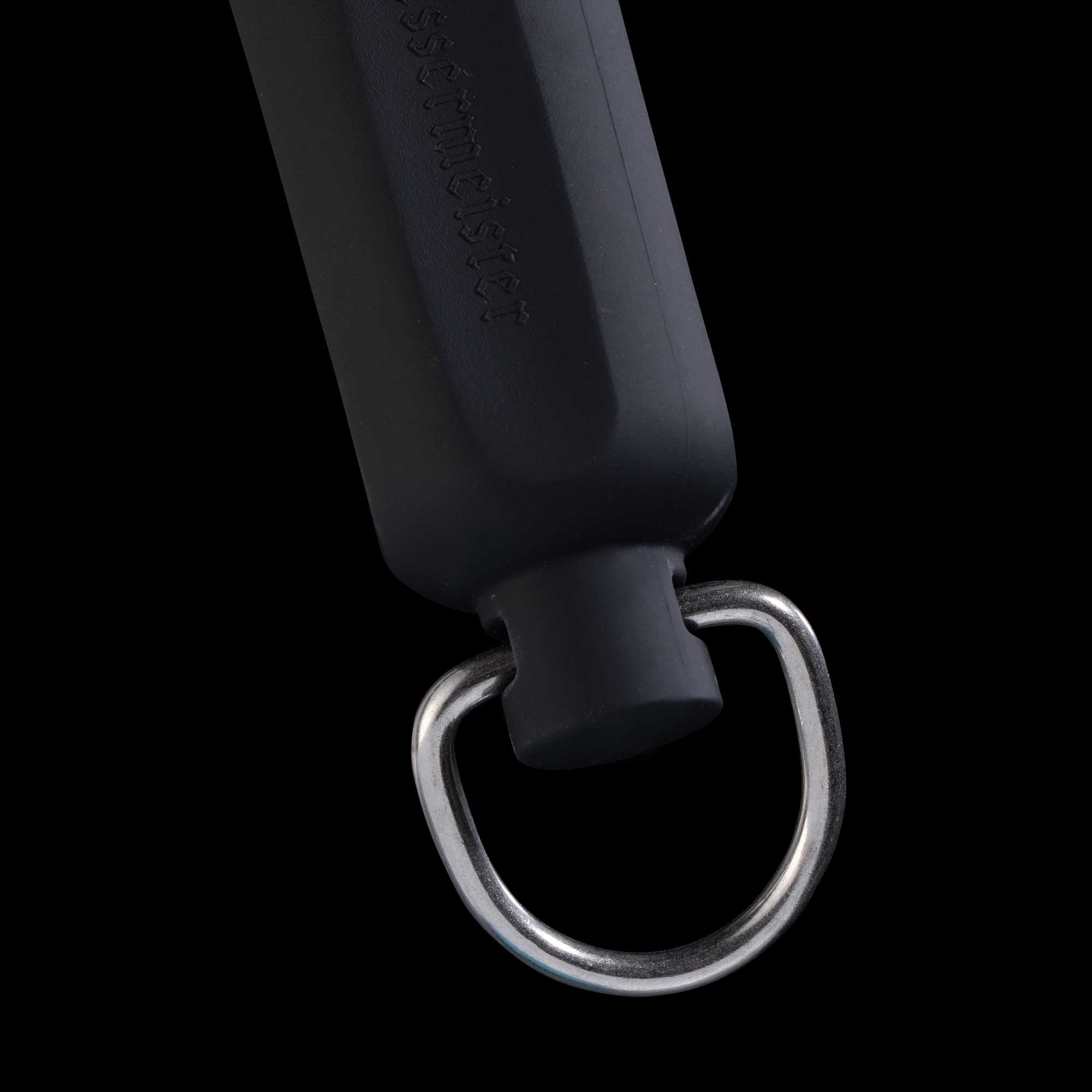 Messermeister ceramic 12 inch sharpening rod black rubber handle end with D ring connected on the end for hanging.