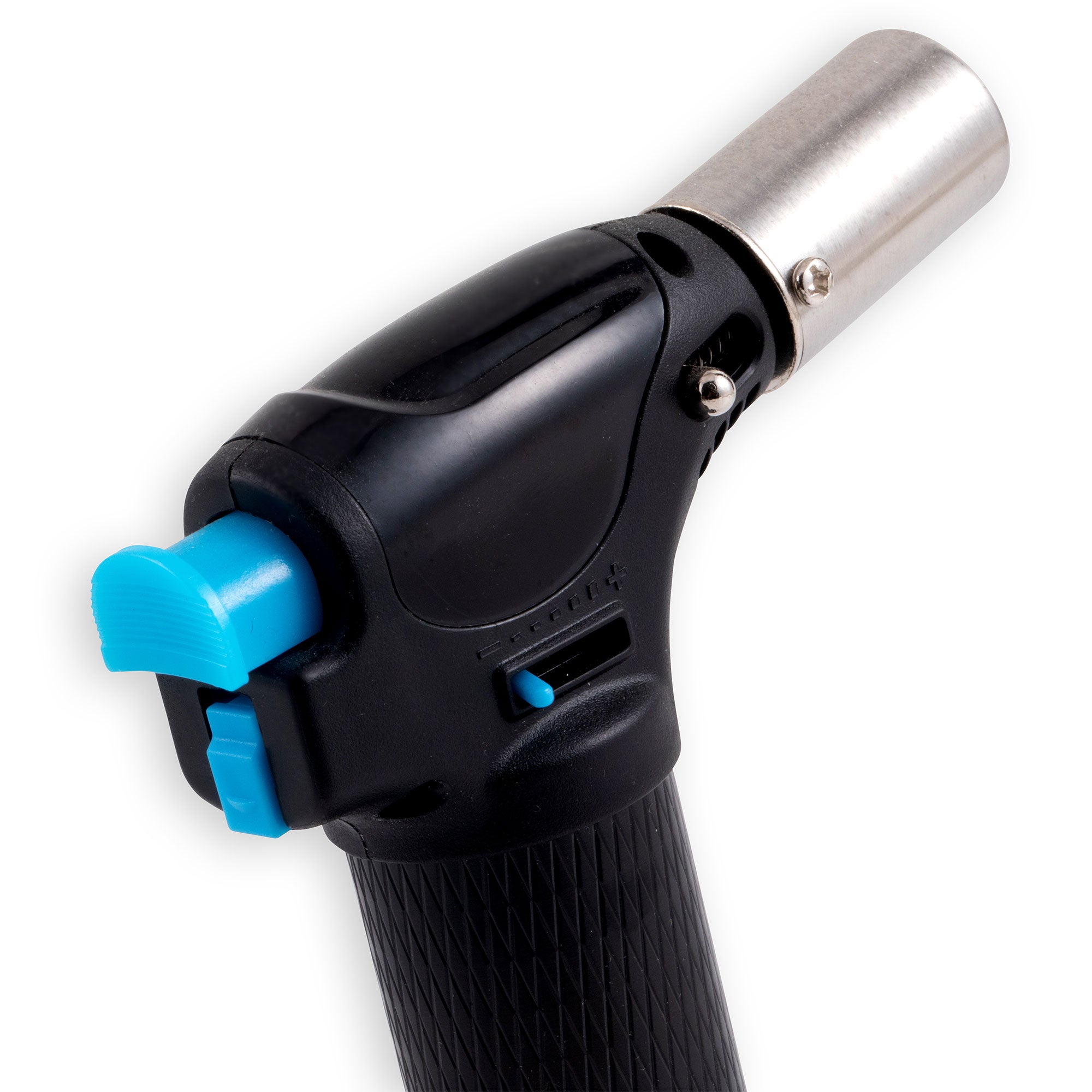 Close-up of the Messermeister Cheflamme Mini Culinary Torch flame size regulator, showcasing the adjustable control dial for precise flame intensity, professional cooking accuracy, and safe customizable culinary performance