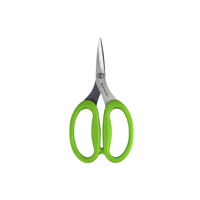 Messermeister 6-inch green culinary scissors with sharp stainless steel blades and ergonomic green handles, designed for precise kitchen cutting tasks including herbs, vegetables, and food prep.