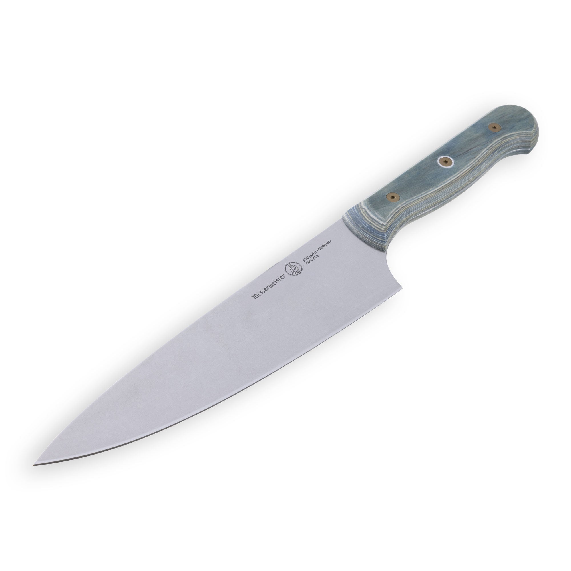 Angled-down close-up of Messermeister Custom Blue 8-inch chef’s knife tip highlighting the pointed stainless steel blade edge