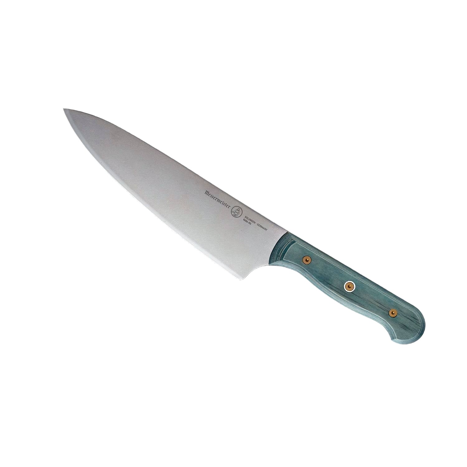 Angled-up view of Messermeister Custom Blue 8-inch chef’s knife with stainless steel blade and blue handle