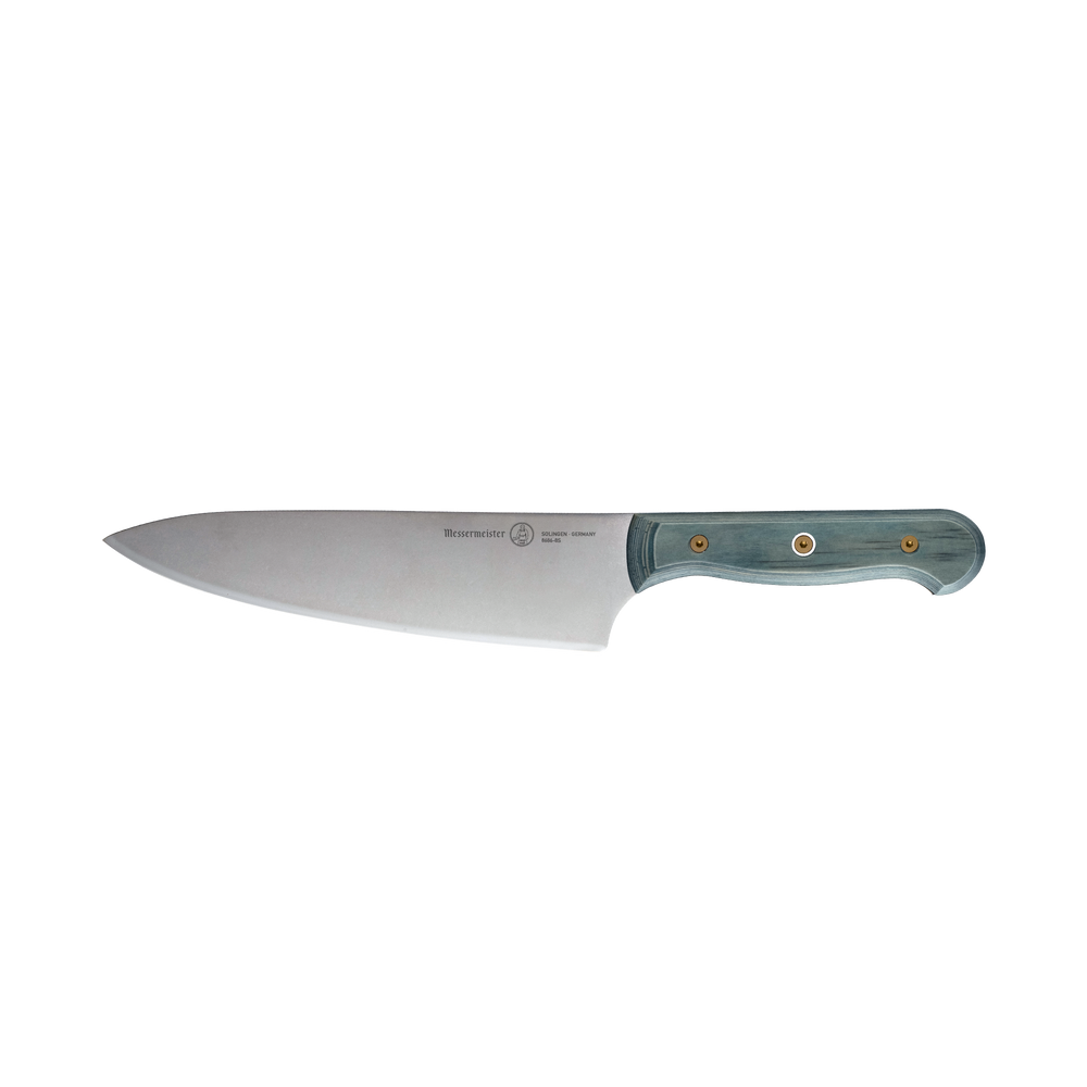 Messermeister Custom Blue 8-inch chef’s knife in side profile, showcasing a sharp stainless steel blade, full tang construction, and ergonomic blue handle