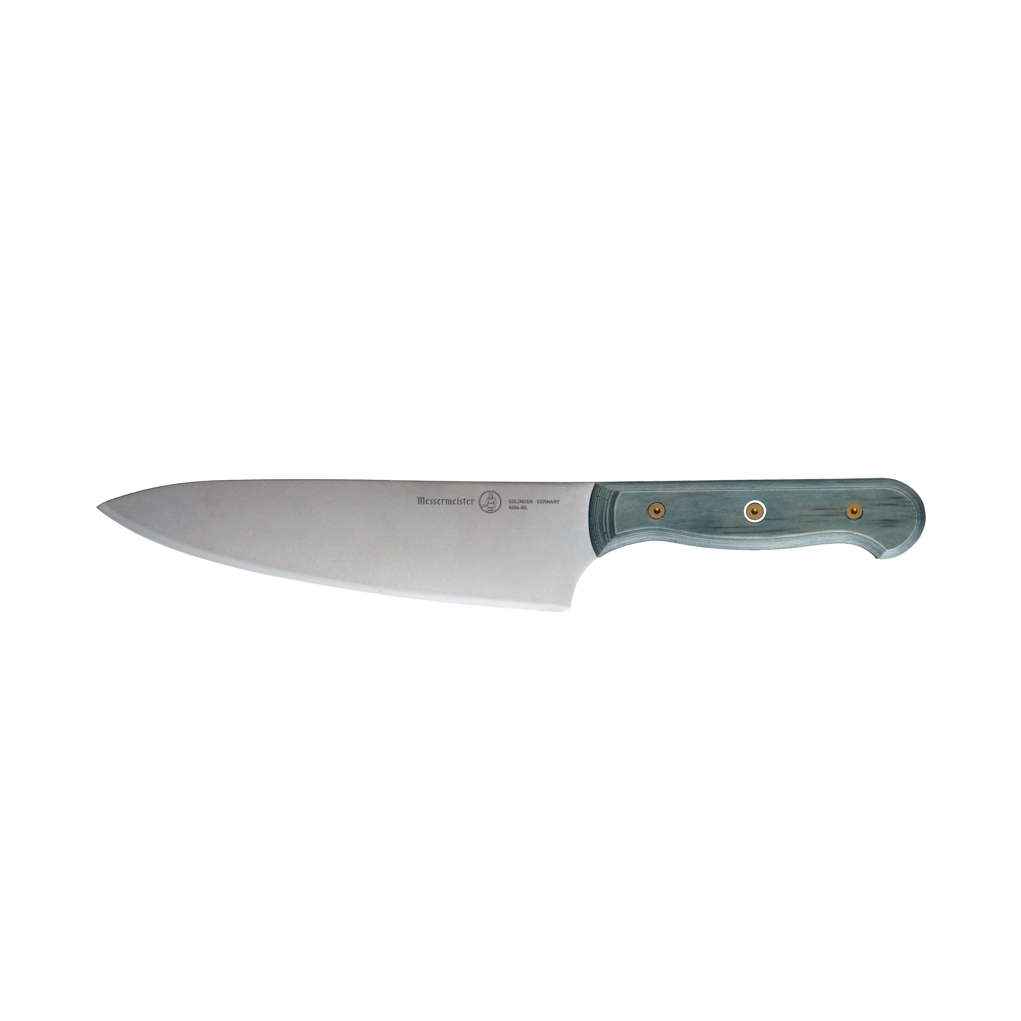Messermeister Custom Blue 8-inch chef’s knife in side profile, showcasing a sharp stainless steel blade, full tang construction, and ergonomic blue handle