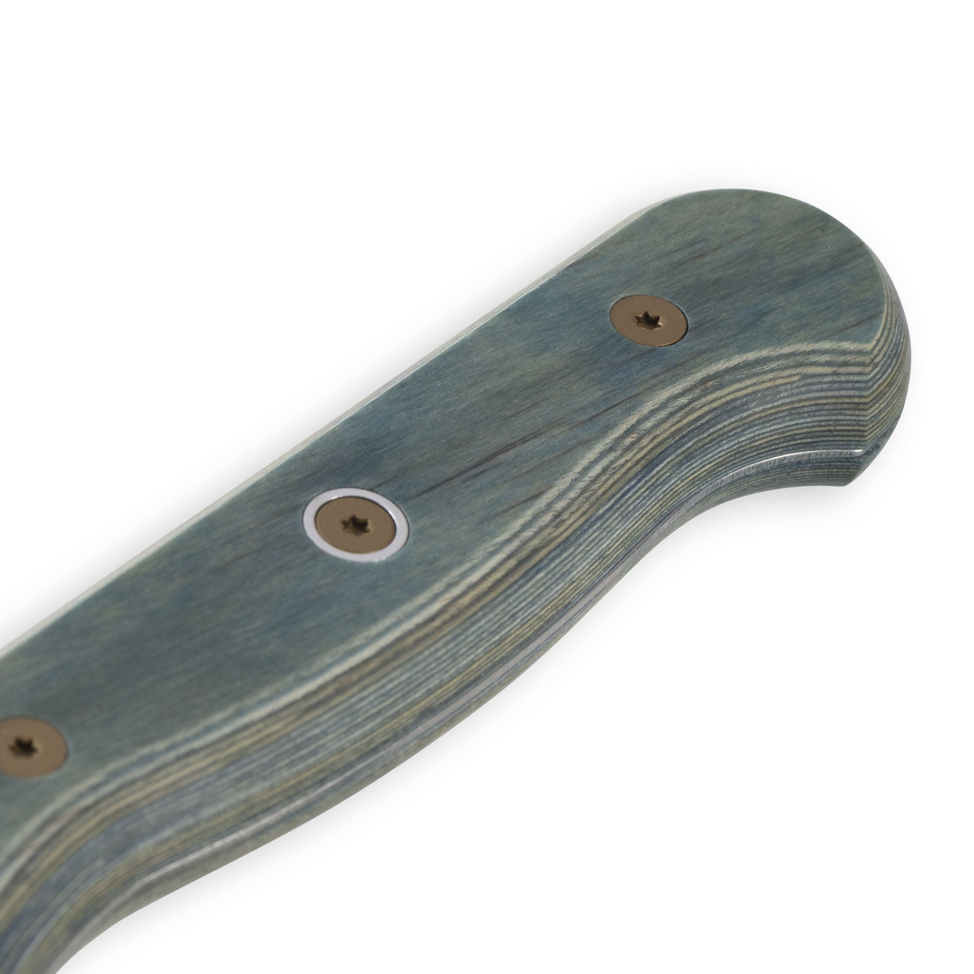 Close-up of Messermeister Custom Blue 8-inch chef’s knife handle highlighting ergonomic blue textured grip