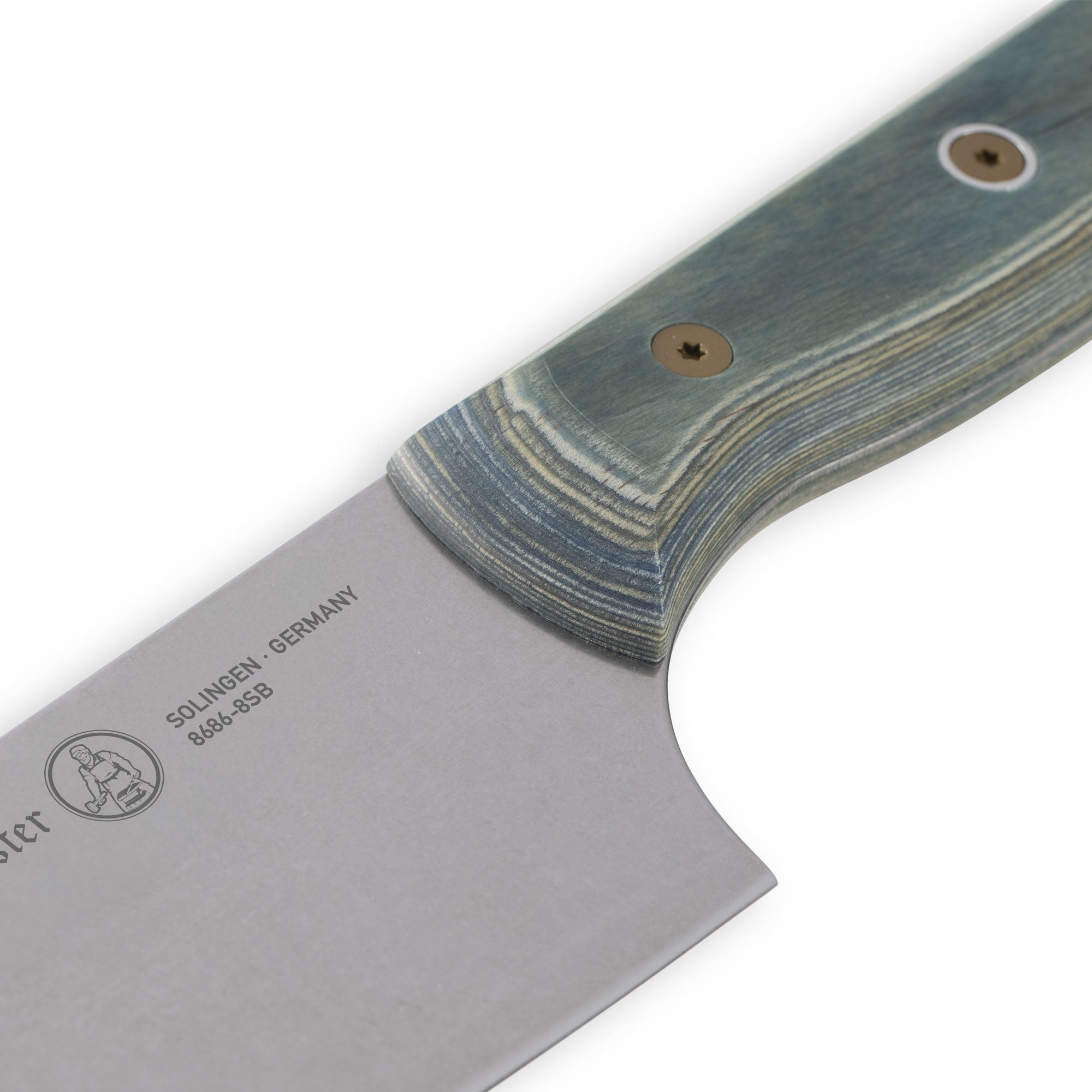 Detail view of Messermeister Custom Blue 8-inch chef’s knife showing heel and blue handle texture