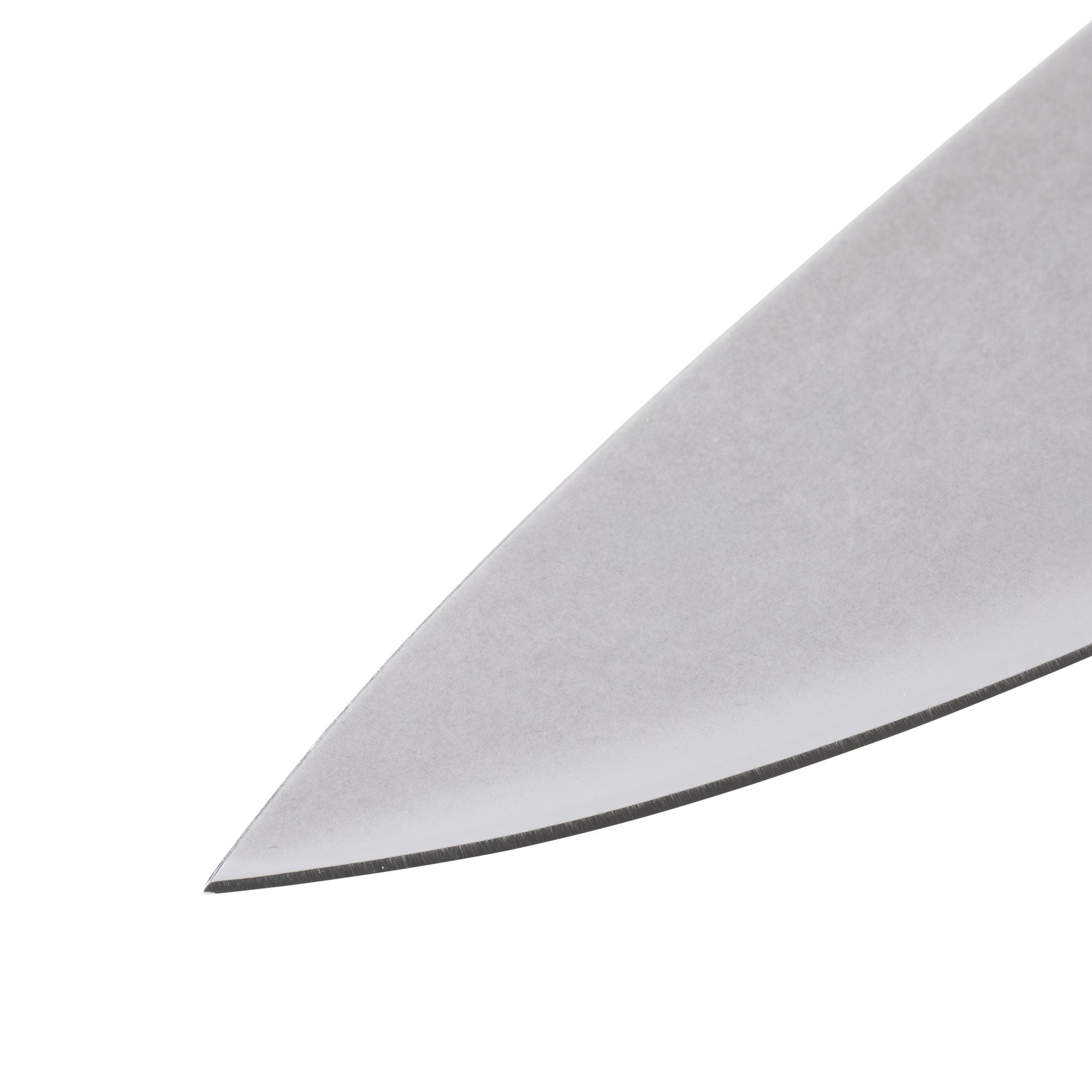 Close-up tip view of Messermeister Custom Blue 8-inch chef’s knife highlighting the fine stainless steel edge and pointed tip