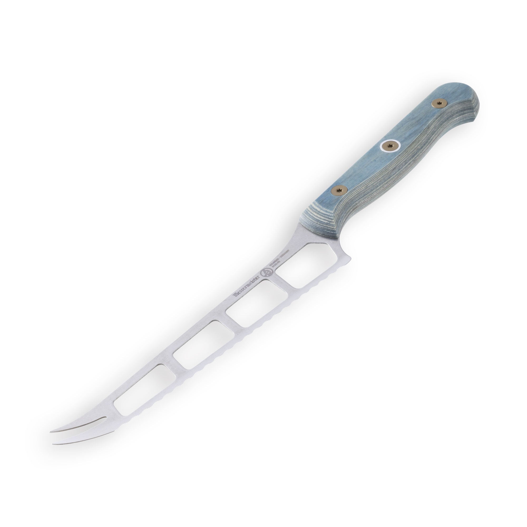 Angled-down view of Messermeister Custom 5-inch cheese and tomato knife showcasing serrated stainless steel blade and ergonomic blue textured handle