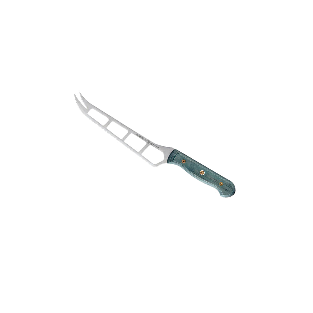 Angled-up full view of Messermeister Custom 5-inch cheese and tomato knife showcasing serrated stainless steel blade and ergonomic blue textured handle