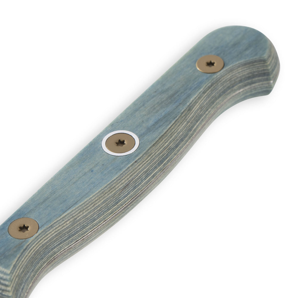 Close-up of Messermeister Custom 5-inch cheese and tomato knife handle highlighting ergonomic blue textured grip