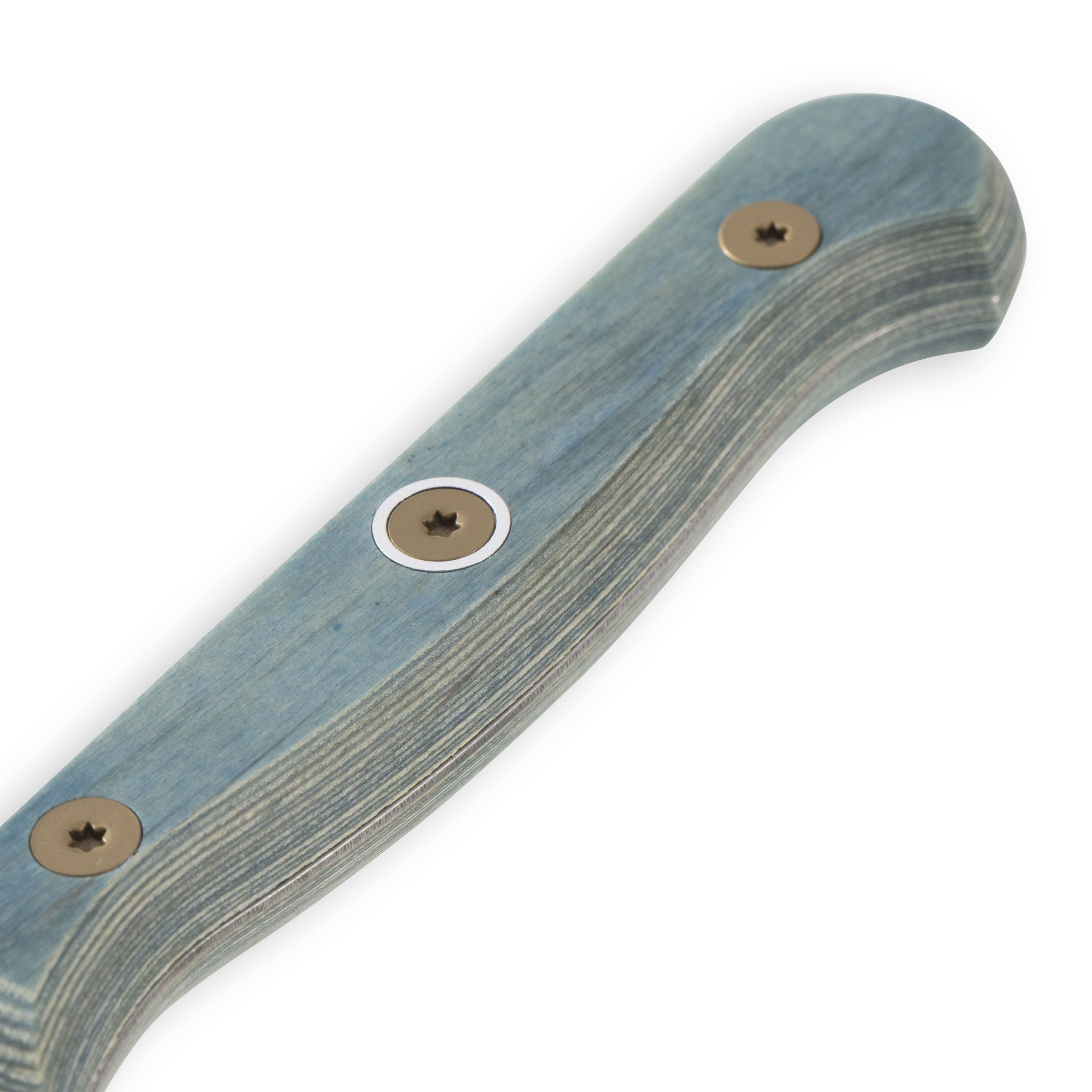 Close-up of Messermeister Custom 5-inch cheese and tomato knife handle highlighting ergonomic blue textured grip