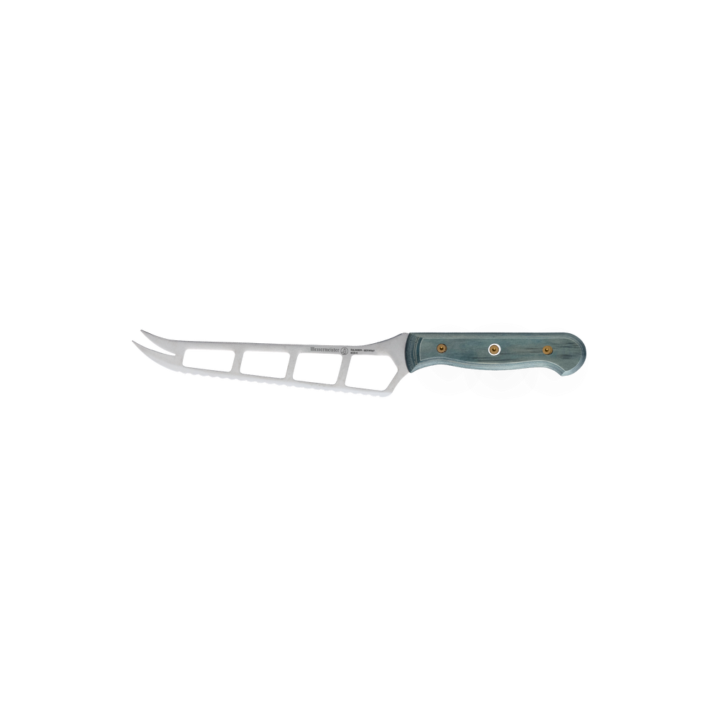 Side view of Messermeister Custom 5-inch cheese and tomato knife with serrated stainless steel blade and blue handle