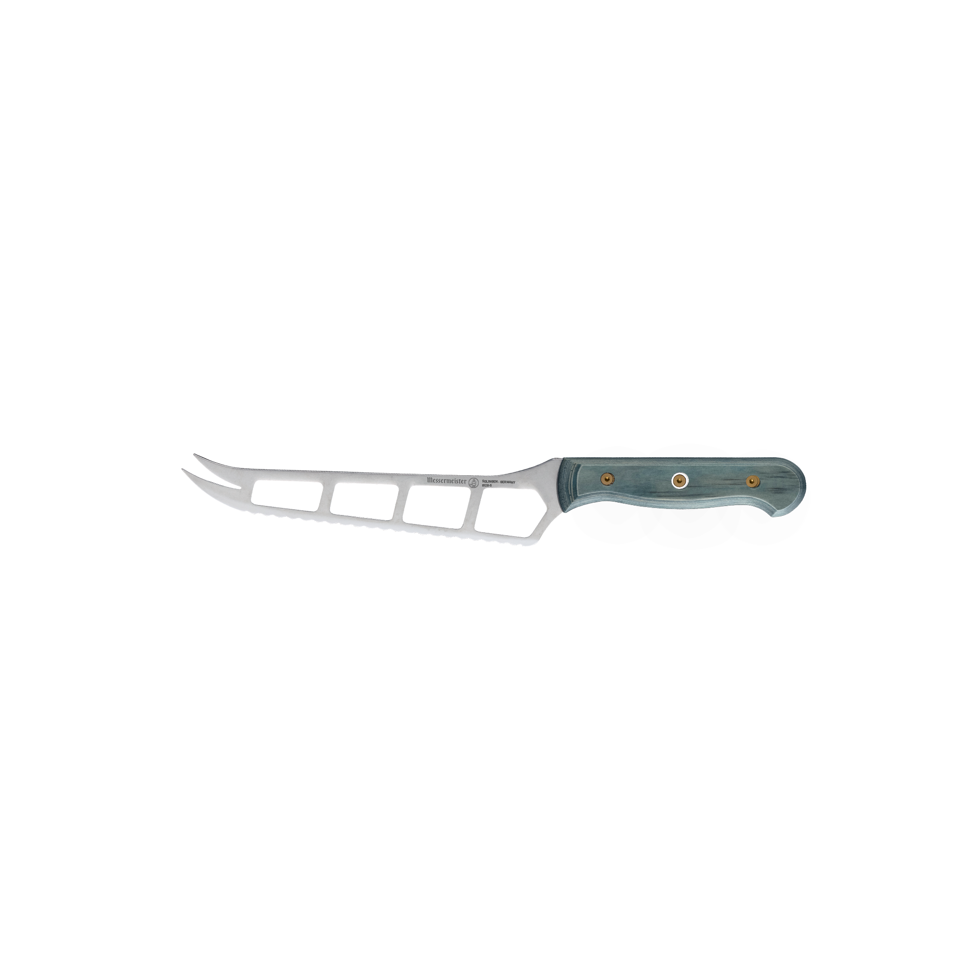 Side view of Messermeister Custom 5-inch cheese and tomato knife with serrated stainless steel blade and blue handle