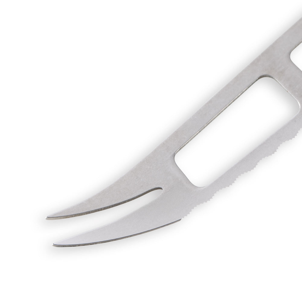 Close-up of Messermeister Custom 5-inch cheese and tomato knife prong tip highlighting dual forked stainless steel end for serving and handling soft foods