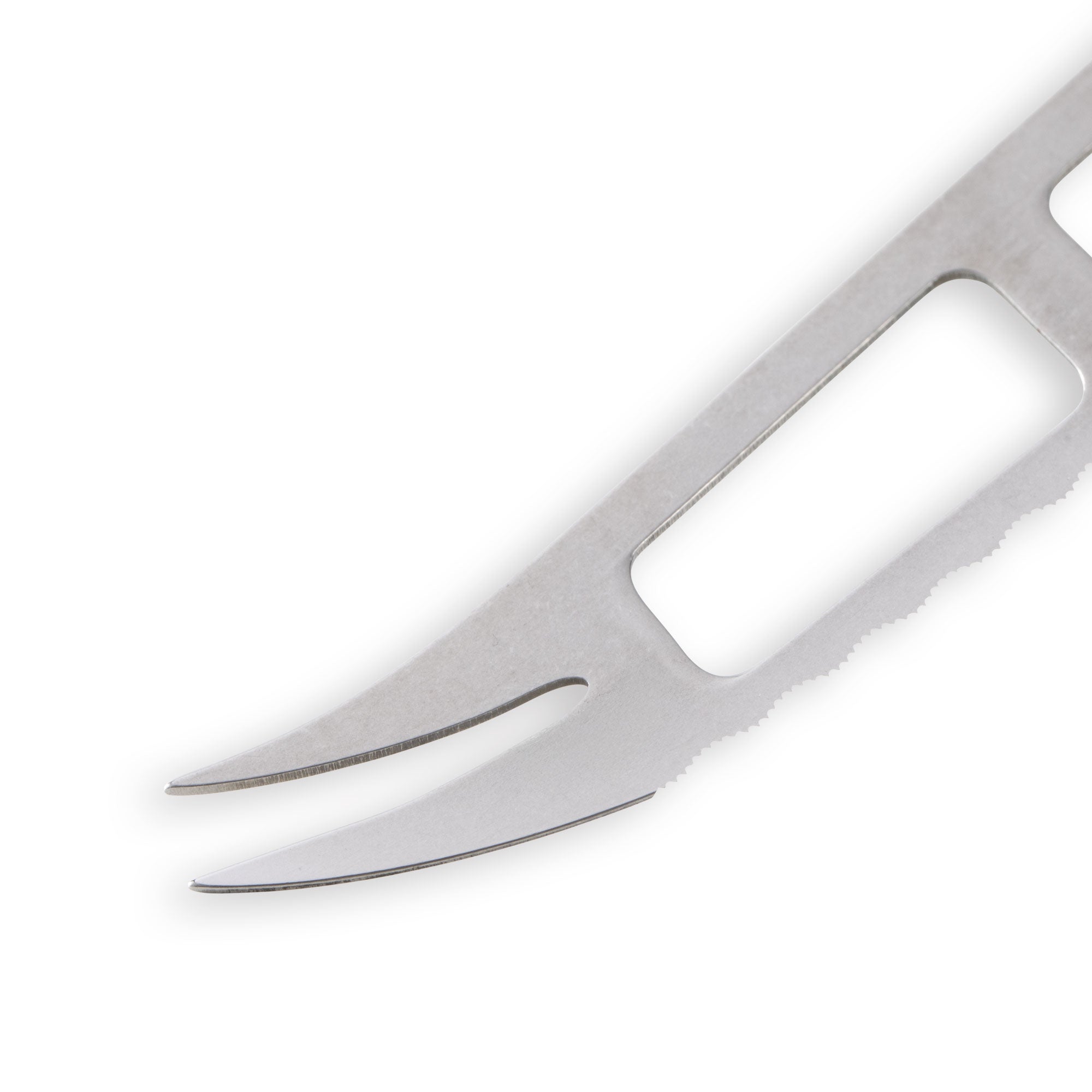 Close-up of Messermeister Custom 5-inch cheese and tomato knife prong tip highlighting dual forked stainless steel end for serving and handling soft foods
