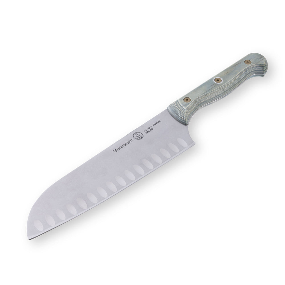 Messermeister Custom Blue 7-inch santoku knife shown at a downward angle with blue textured handle and Kullens blade
