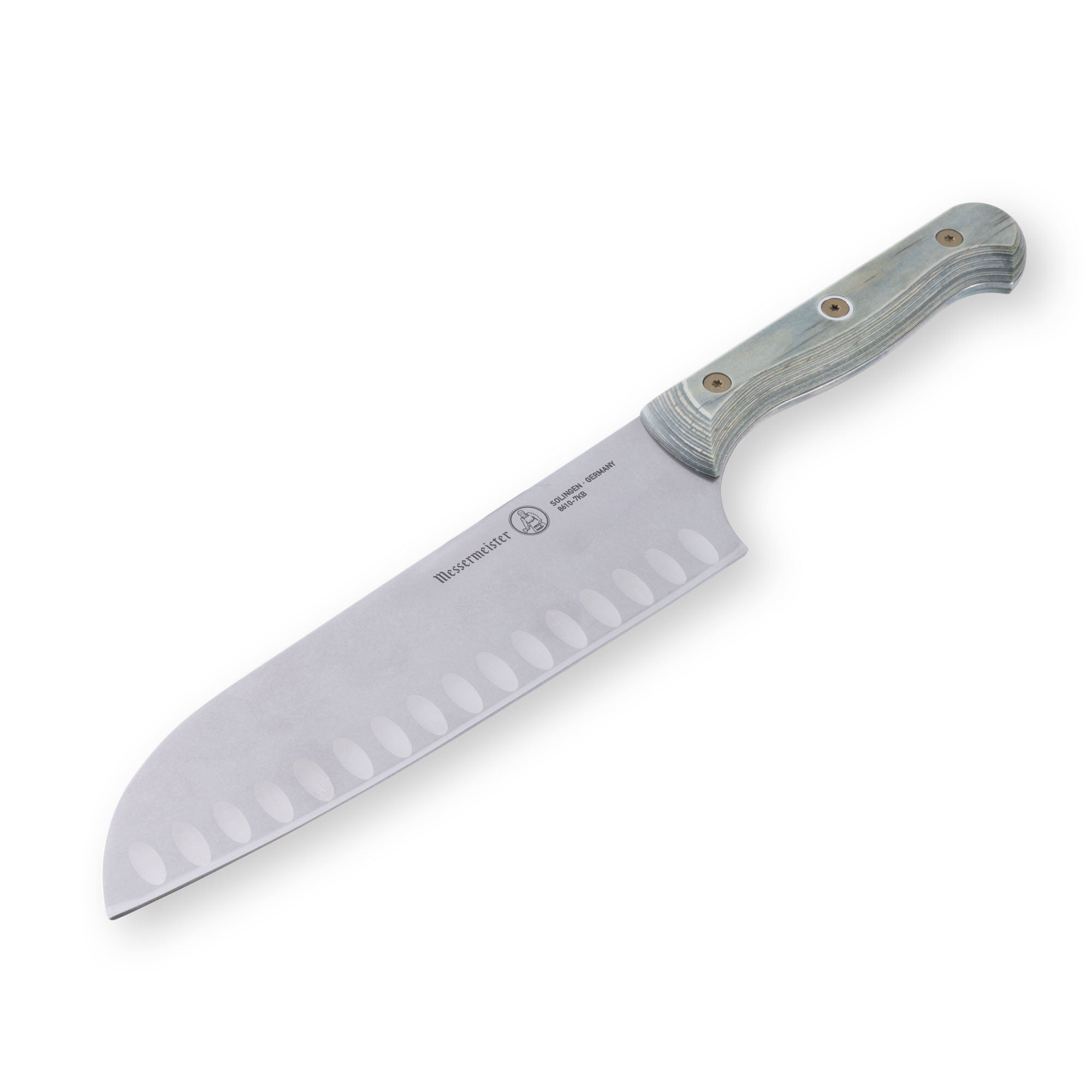 Messermeister Custom Blue 7-inch santoku knife shown at a downward angle with blue textured handle and Kullens blade