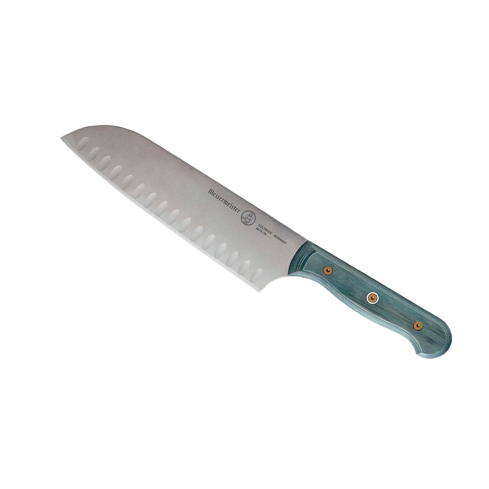 Messermeister Custom Blue 7-inch santoku knife shown at an upward angle with blue textured handle and Kullens blade
