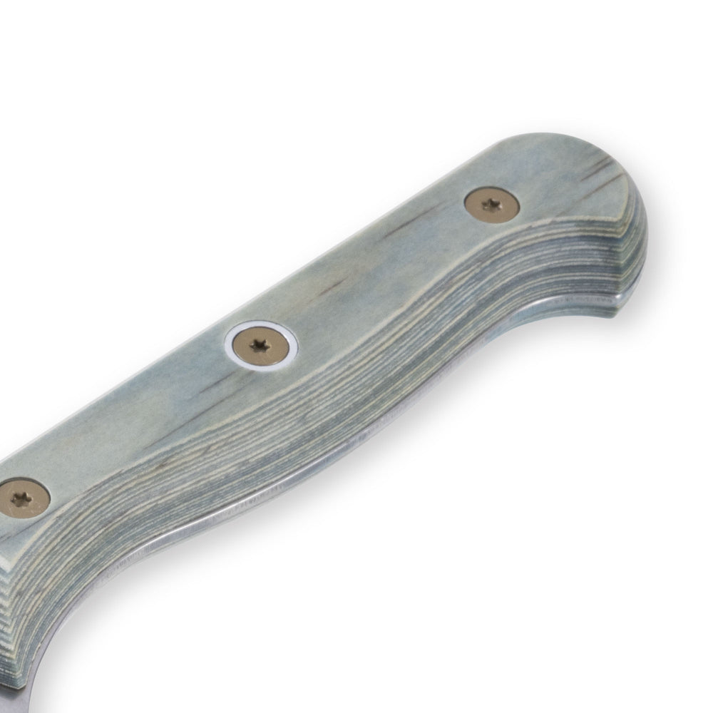 Detail view of Messermeister Custom Blue 7-inch santoku knife handle showing blue textured surface and secure grip design