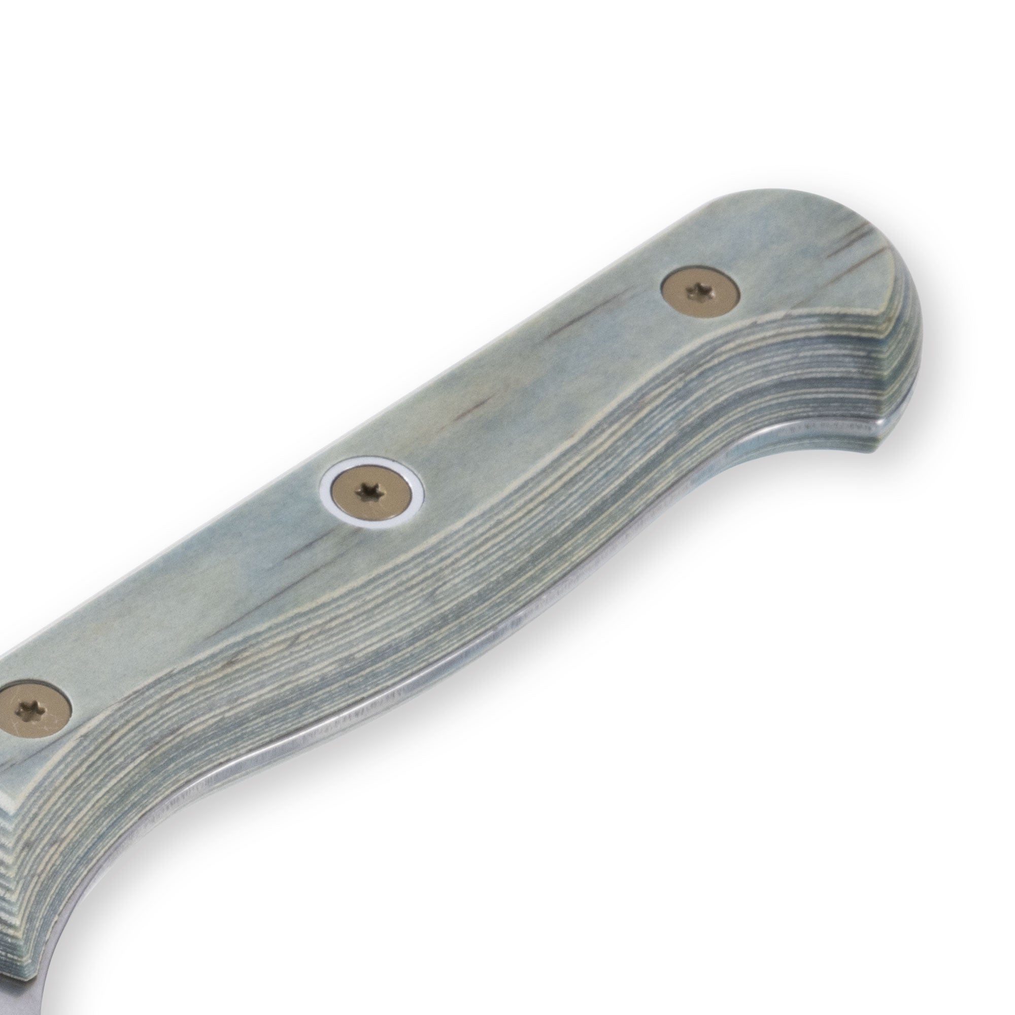 Detail view of Messermeister Custom Blue 7-inch santoku knife handle showing blue textured surface and secure grip design