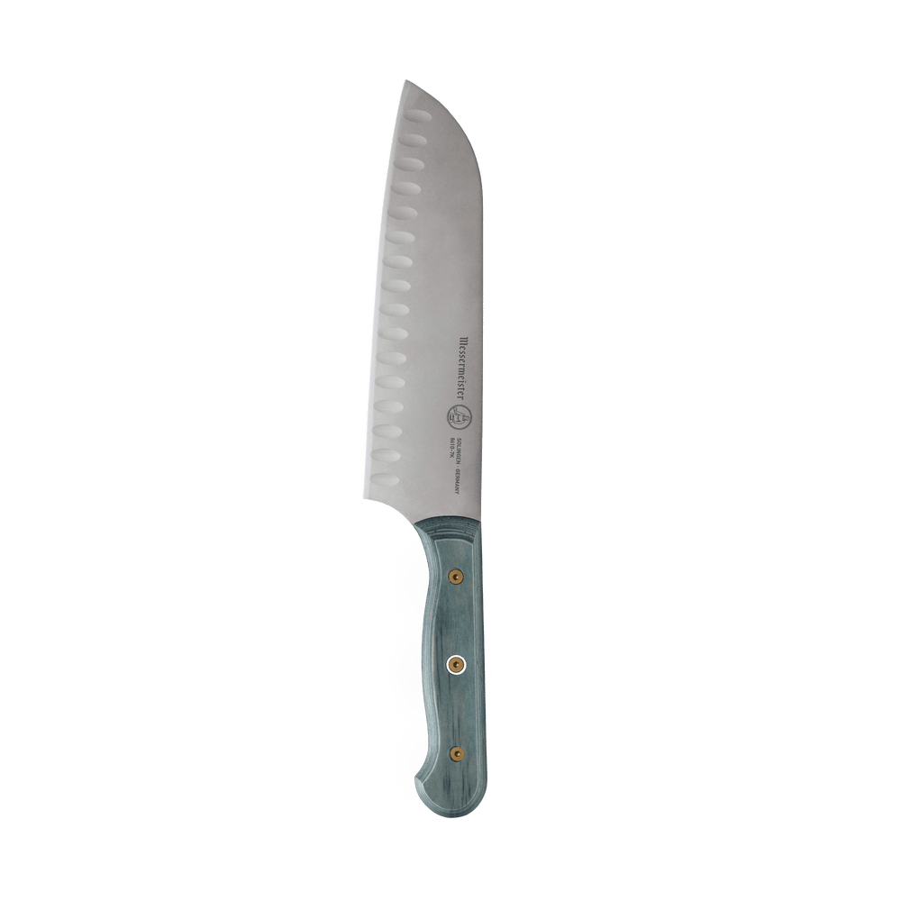 Messermeister Custom Blue 7-inch Kullens santoku knife with granton (Kullens) stainless steel blade and ergonomic blue handle