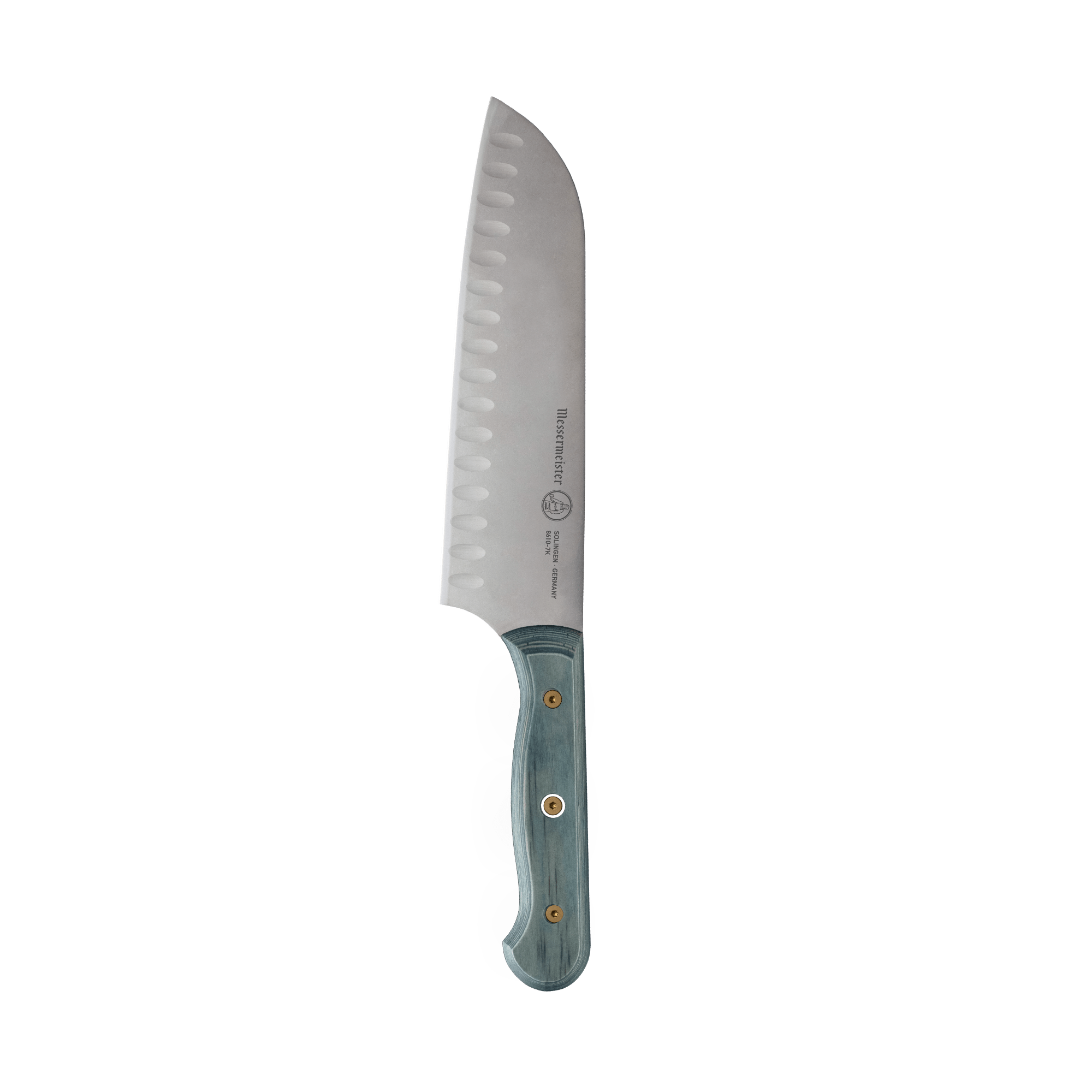 Messermeister Custom Blue 7-inch Kullens santoku knife with granton (Kullens) stainless steel blade and ergonomic blue handle