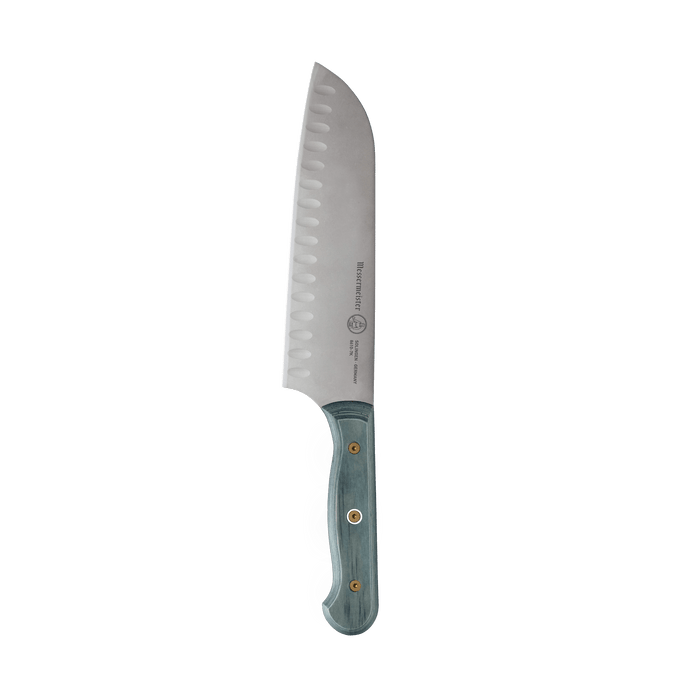 Messermeister Custom Blue 7-inch Kullens santoku knife with granton (Kullens) stainless steel blade and ergonomic blue handle