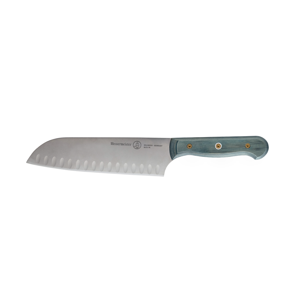 Side view of Messermeister Custom Blue 7-inch Kullens santoku knife with stainless steel blade and blue handle